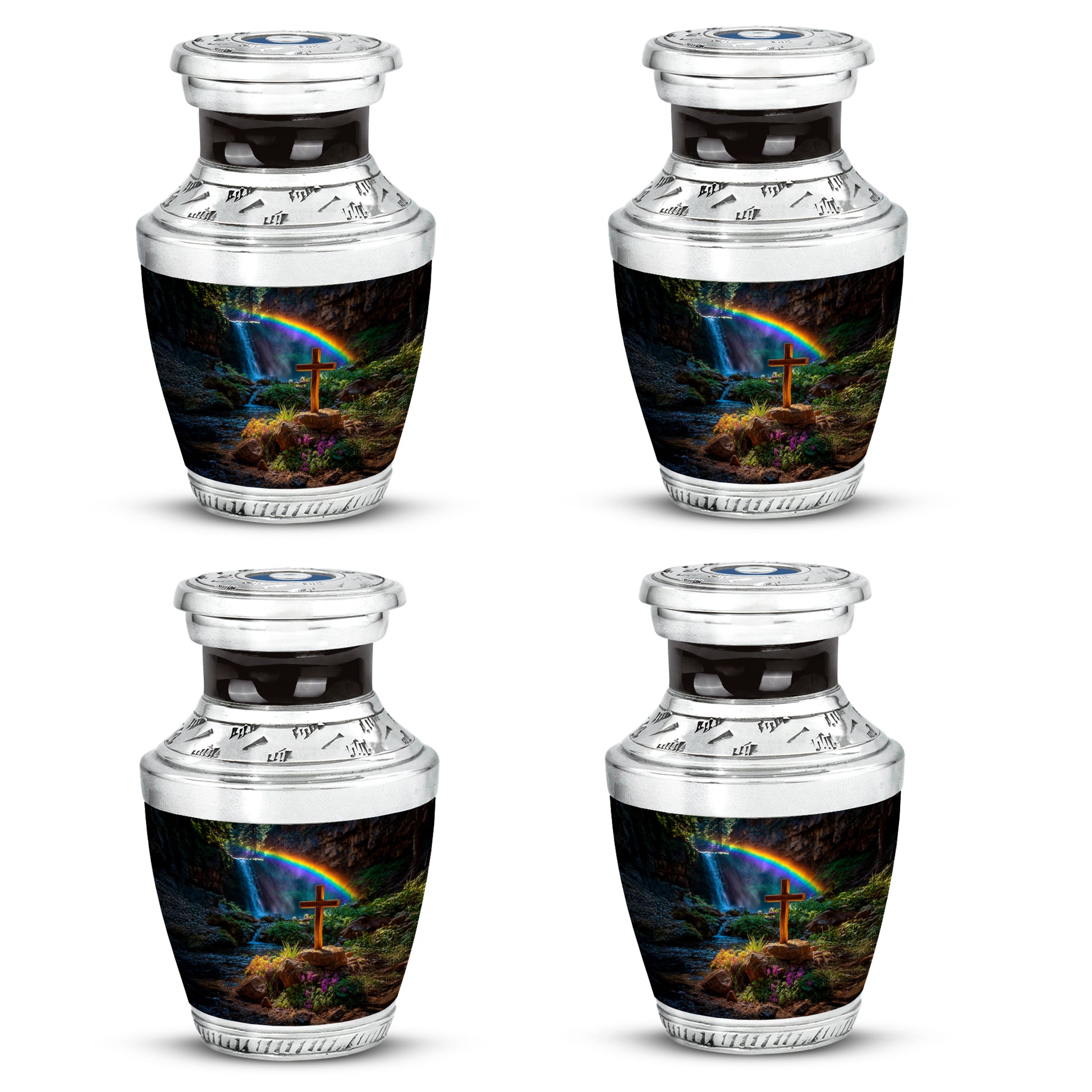 Midnight Black Cross Cremation Urn back view with polished surface - stylized abstract cross pattern with bold lines - 10 inch aluminum urn for cremated remains