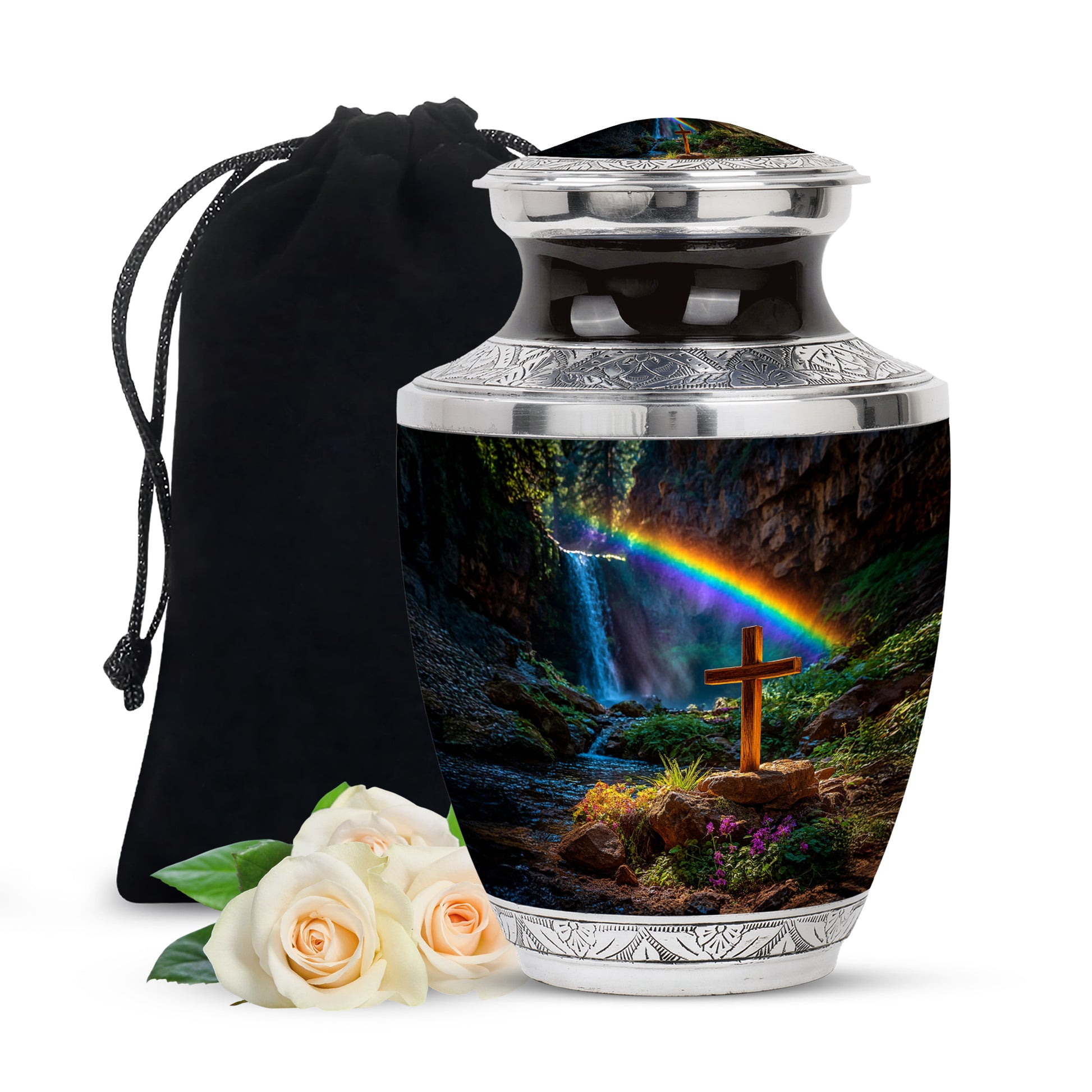 Glossy Black Cross Cremation Urn side profile showing urn shape - contemporary cross design with modern artistic flair - full-size 10 inch 200 cubic inch adult cremation urn