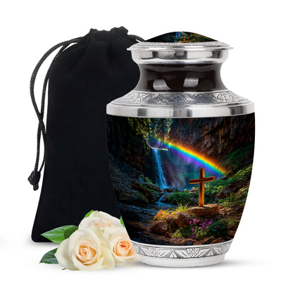 Glossy Black Cross Cremation Urn side profile showing urn shape - contemporary cross design with modern artistic flair - full-size 10 inch 200 cubic inch adult cremation urn