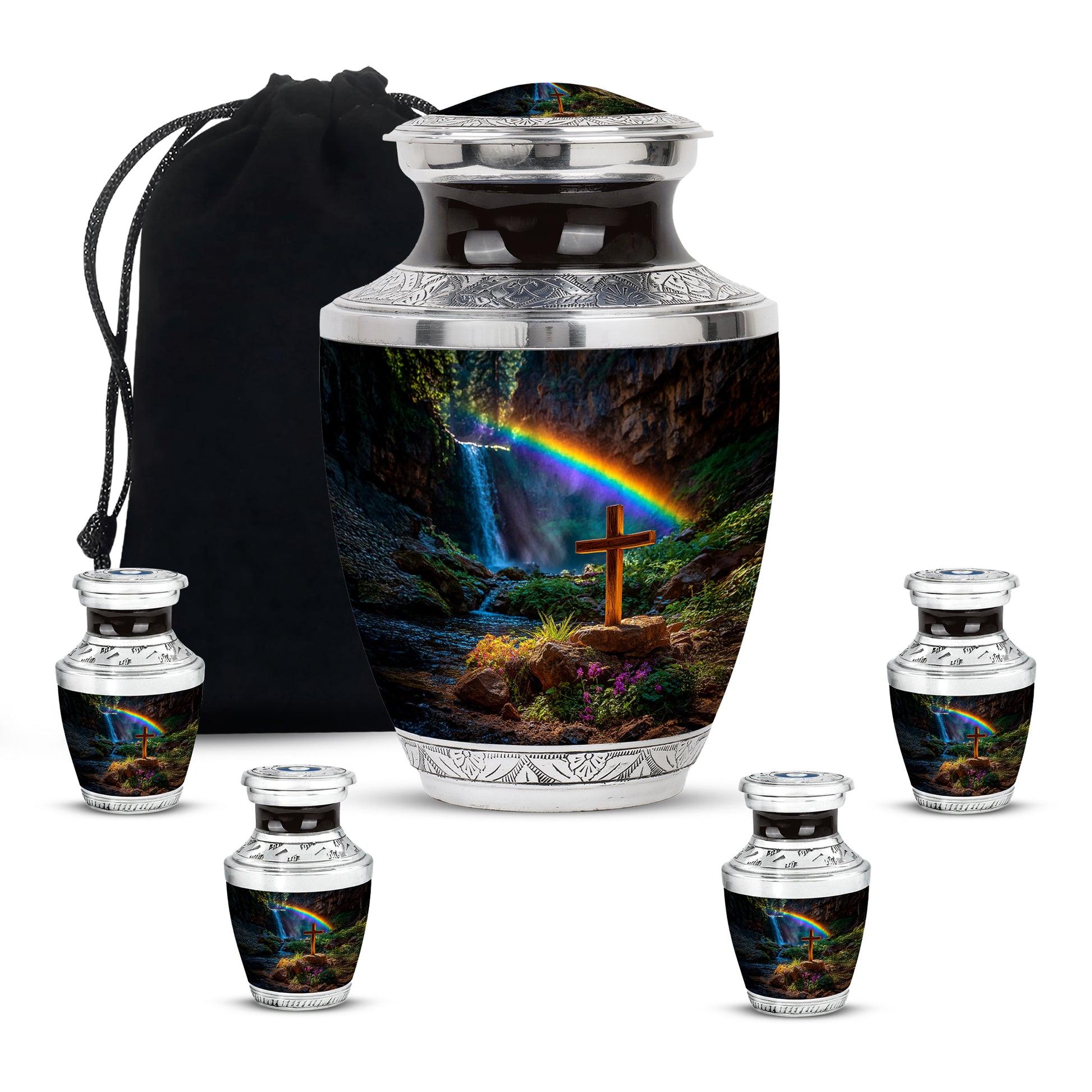 Jet Black Cross Cremation Urn lifestyle display on memorial shelf - contemporary cross design with modern artistic flair - memorial set with one large and four small urns