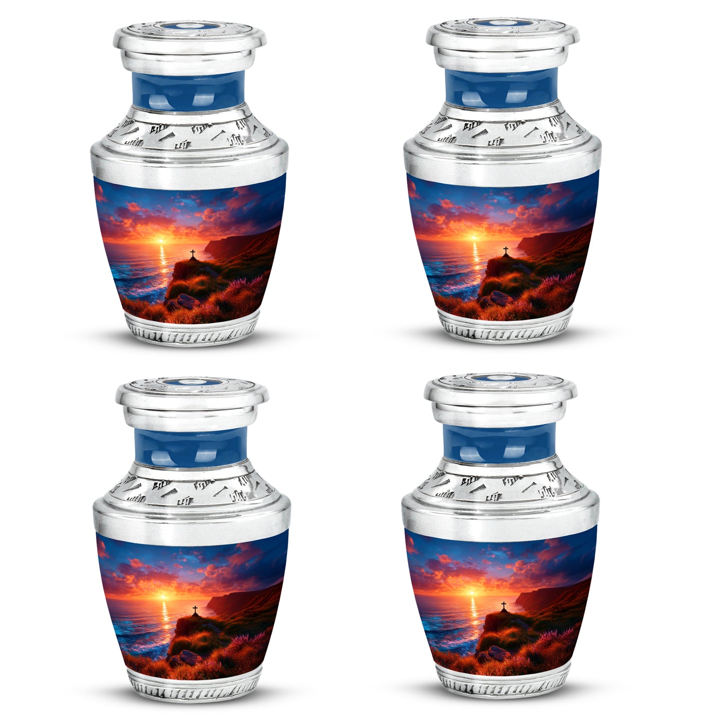 Navy Blue Cross Cremation Urn back view with polished surface - contemporary cross design with modern artistic flair - 10 inch aluminum urn for cremated remains