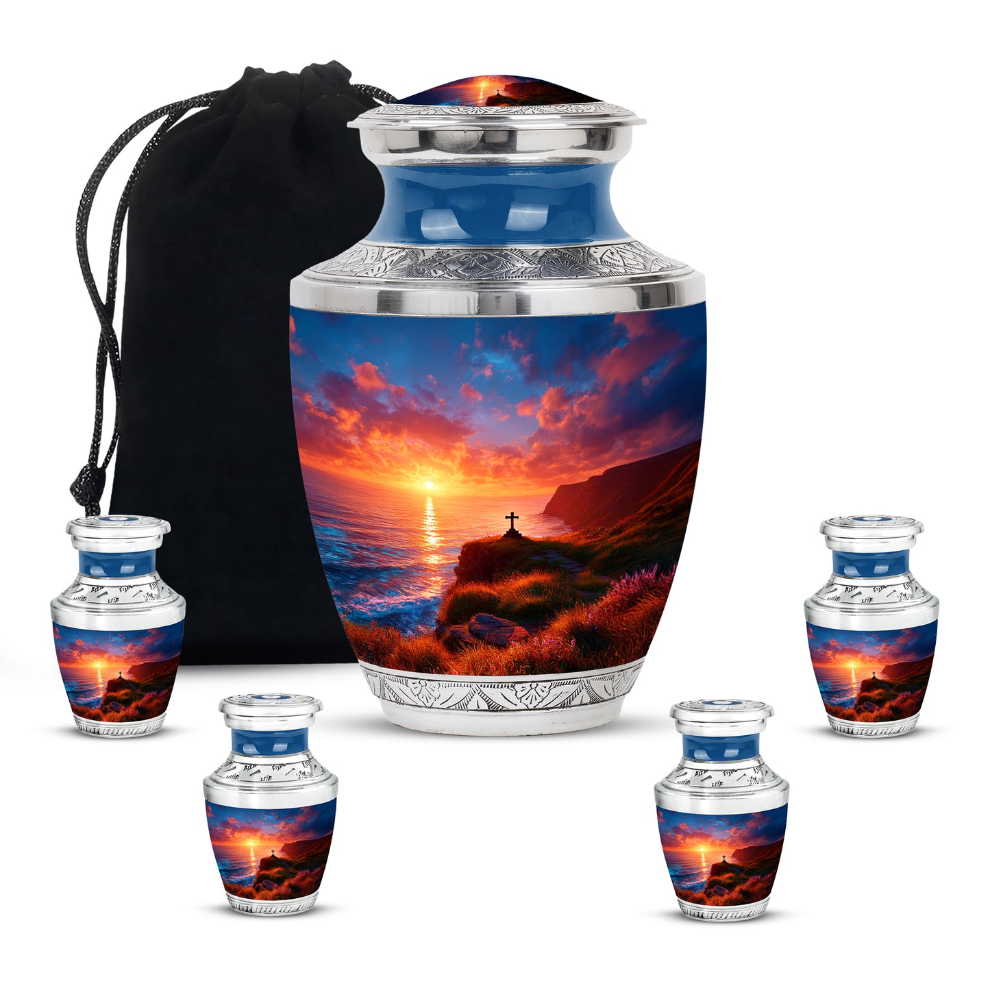 Pastel Blue Cross Cremation Urn lifestyle display on memorial shelf - contemporary cross design with modern artistic flair - memorial set with one large and four small urns