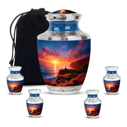 Pastel Blue Cross Cremation Urn lifestyle display on memorial shelf - contemporary cross design with modern artistic flair - memorial set with one large and four small urns