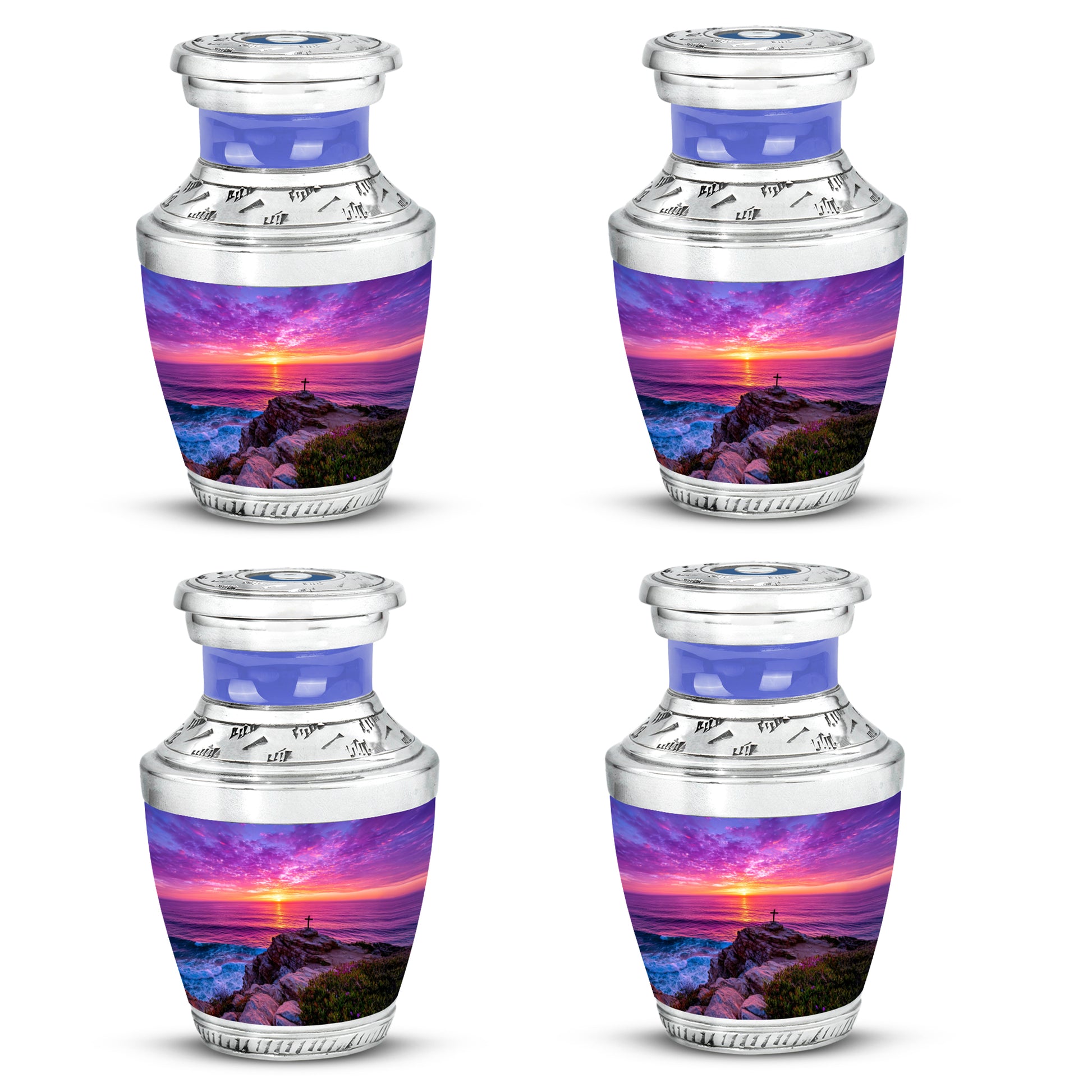 Celestial Blue Cross Cremation Urn back view with polished surface - contemporary cross design with modern artistic flair - 10 inch aluminum urn for cremated remains