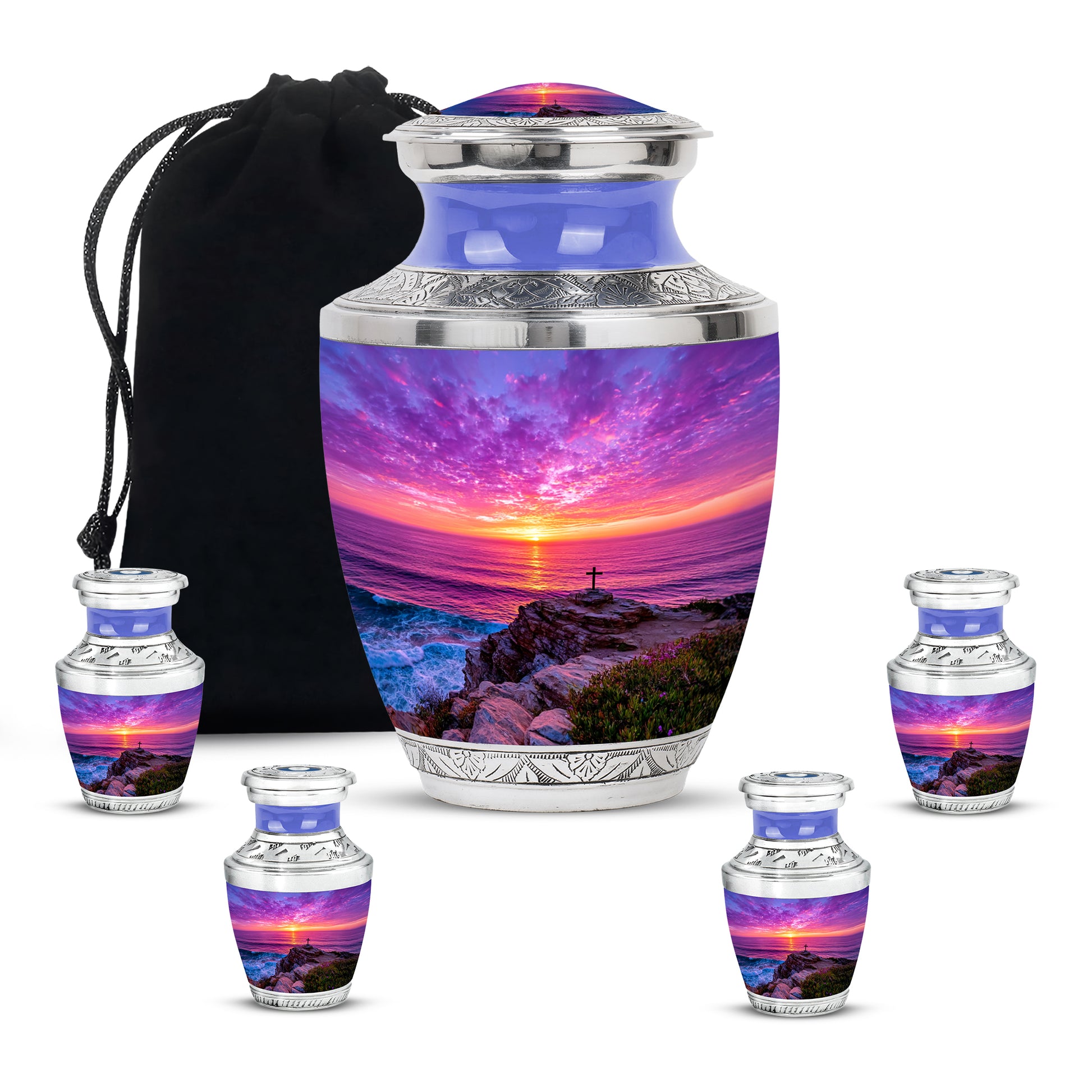 Celestial Blue Cross Cremation Urn lifestyle display on memorial shelf - modern art-inspired cross motif on sleek aluminum - memorial set with one large and four small urns