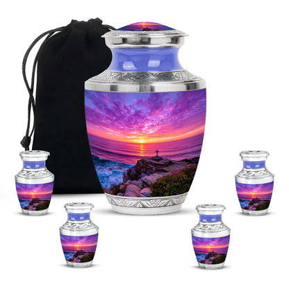 Celestial Blue Cross Cremation Urn lifestyle display on memorial shelf - modern art-inspired cross motif on sleek aluminum - memorial set with one large and four small urns