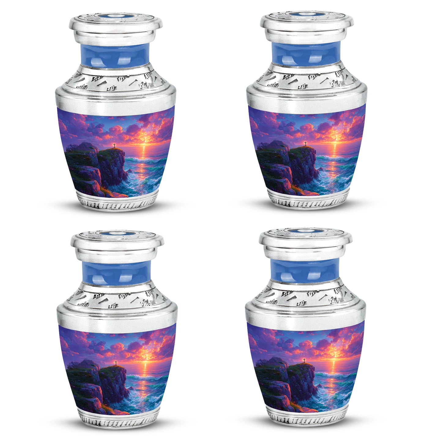 Steel Blue Cross Cremation Urn back view with polished surface - stylized abstract cross pattern with bold lines - 10 inch aluminum urn for cremated remains