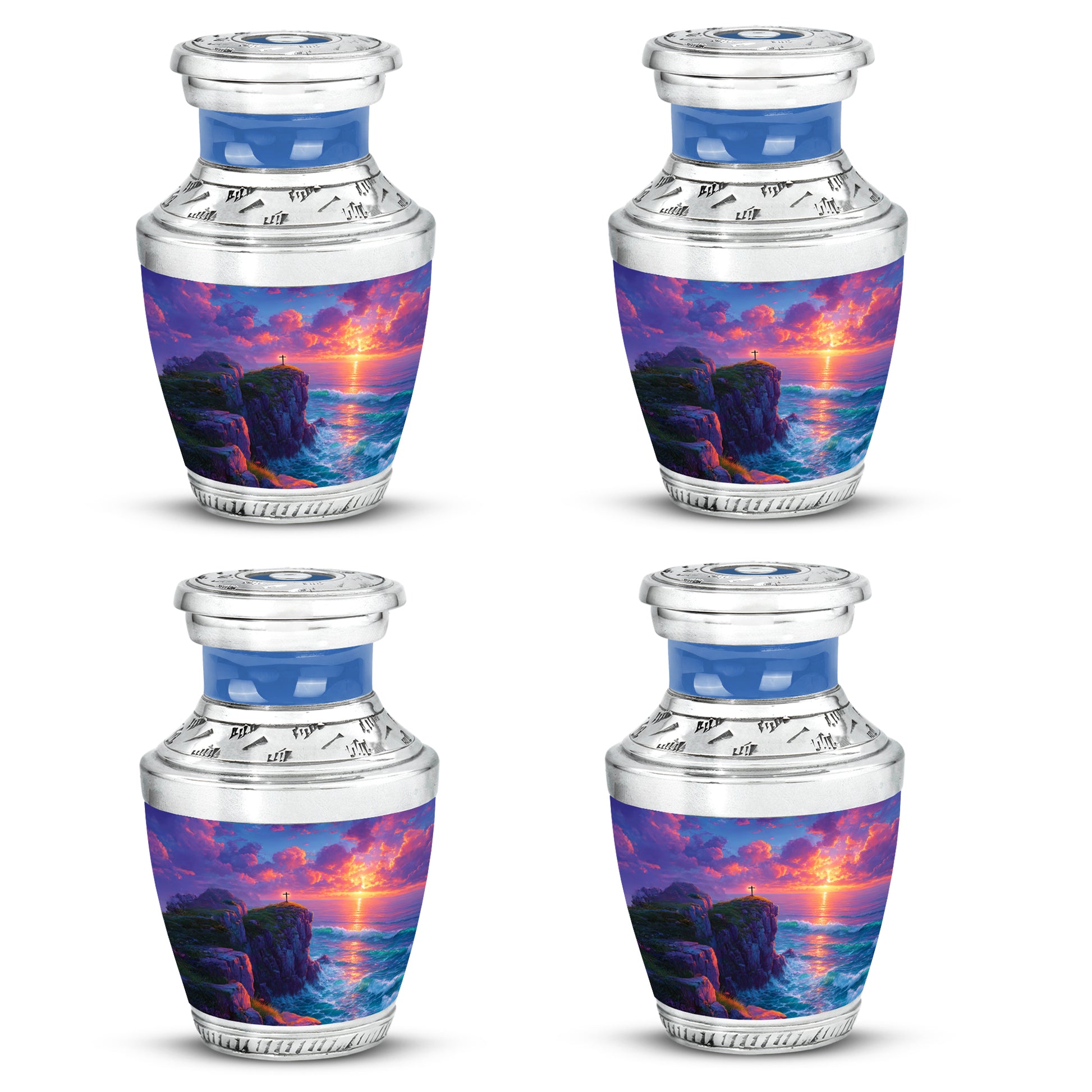Steel Blue Cross Cremation Urn back view with polished surface - stylized abstract cross pattern with bold lines - 10 inch aluminum urn for cremated remains