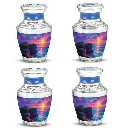 Steel Blue Cross Cremation Urn back view with polished surface - stylized abstract cross pattern with bold lines - 10 inch aluminum urn for cremated remains
