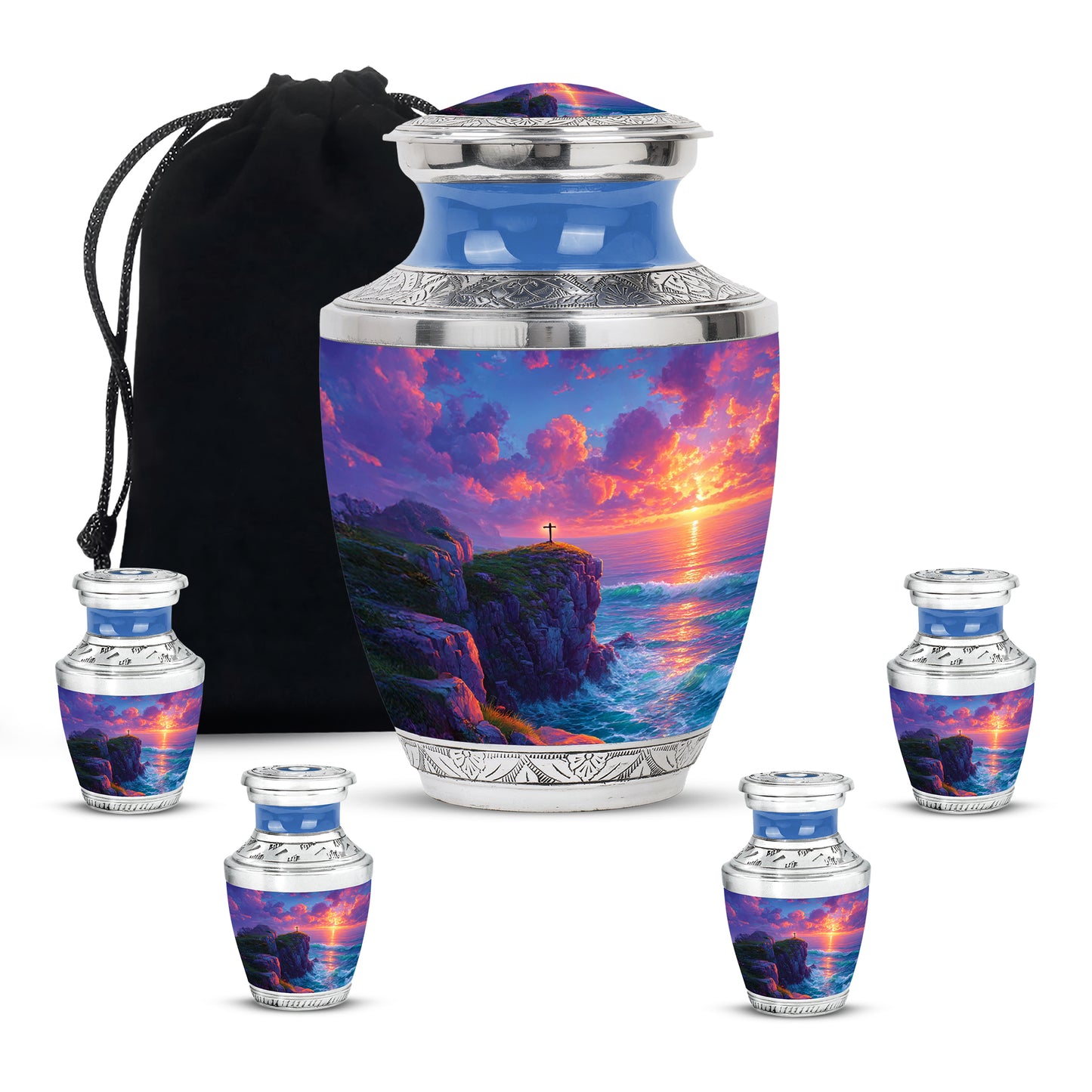 Cobalt Blue Cross Cremation Urn lifestyle display on memorial shelf - artistic cross interpretation with creative detail - memorial set with one large and four small urns