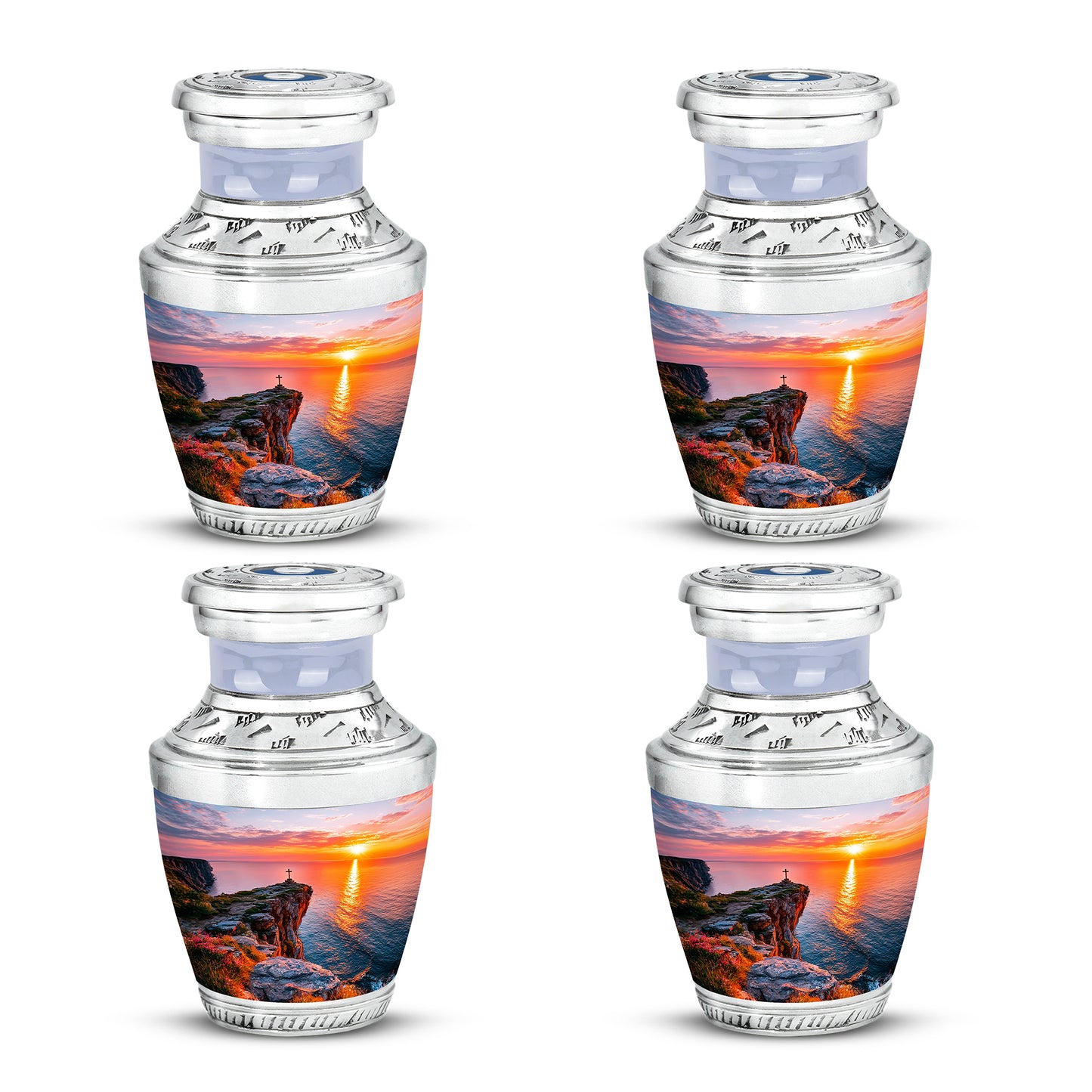 Platinum Silver Cross Cremation Urn back view with polished surface - modern art-inspired cross motif on sleek aluminum - 10 inch aluminum urn for cremated remains