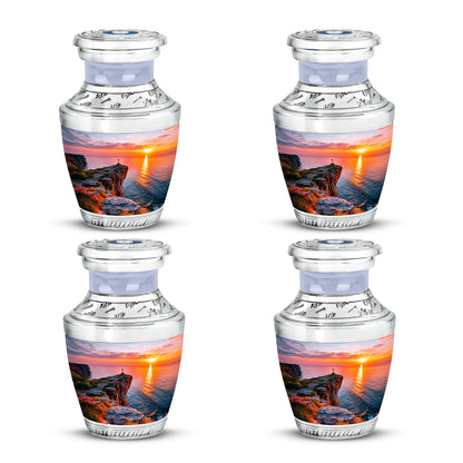 Platinum Silver Cross Cremation Urn back view with polished surface - modern art-inspired cross motif on sleek aluminum - 10 inch aluminum urn for cremated remains