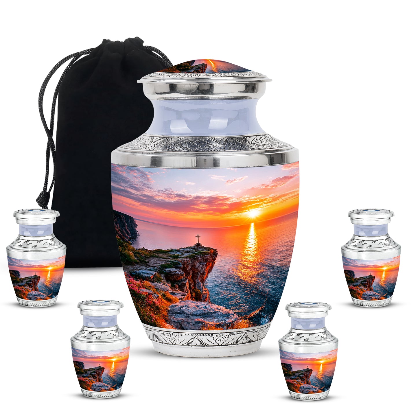 Chrome Silver Cross Cremation Urn lifestyle display on memorial shelf - artistic cross interpretation with creative detail - memorial set with one large and four small urns