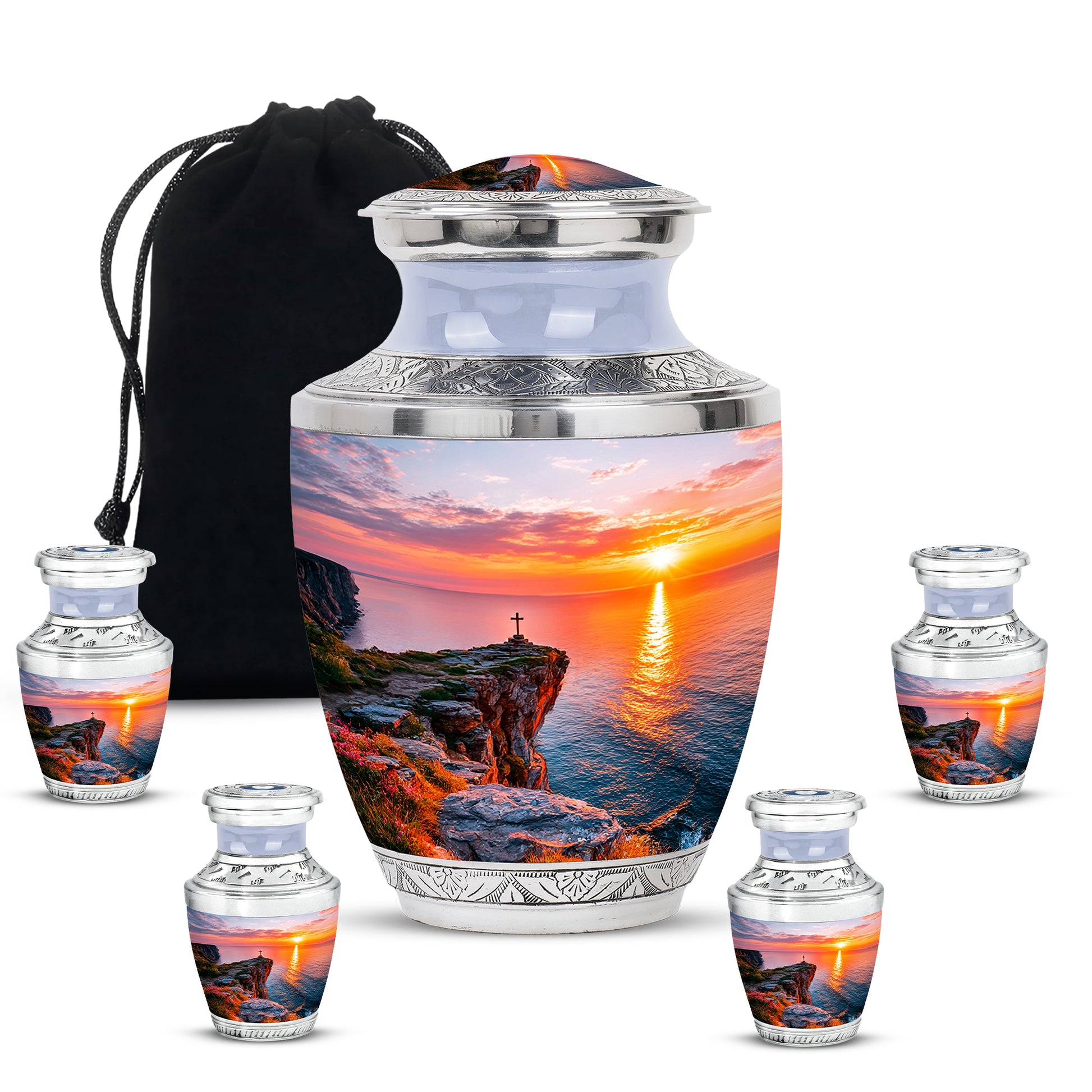 Chrome Silver Cross Cremation Urn lifestyle display on memorial shelf - artistic cross interpretation with creative detail - memorial set with one large and four small urns