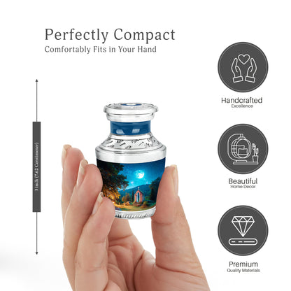 Celestial Blue Cross Cremation Urn top-down view of secure threaded lid - contemporary cross design with modern artistic flair - mini keepsake memorial for portion of cremation ashes