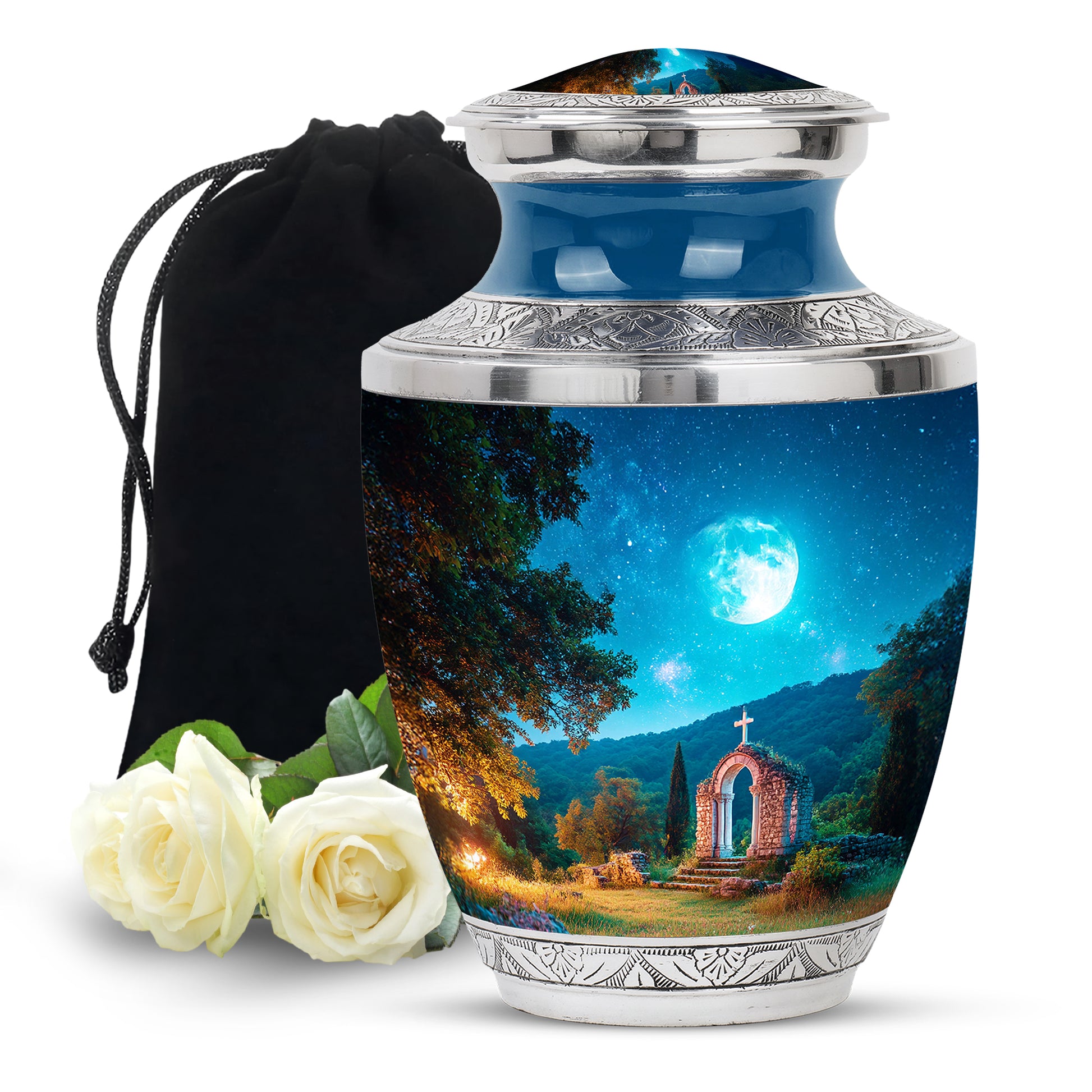 Cobalt Blue Cross Cremation Urn side profile showing urn shape - artistic cross interpretation with creative detail - full-size 10 inch 200 cubic inch adult cremation urn
