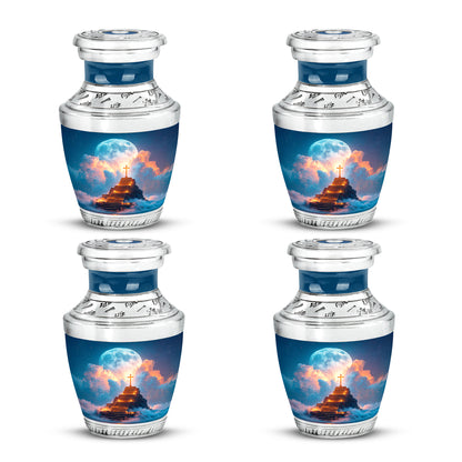 Royal Blue Cross Cremation Urn back view with polished surface - artistic cross interpretation with creative detail - 10 inch aluminum urn for cremated remains