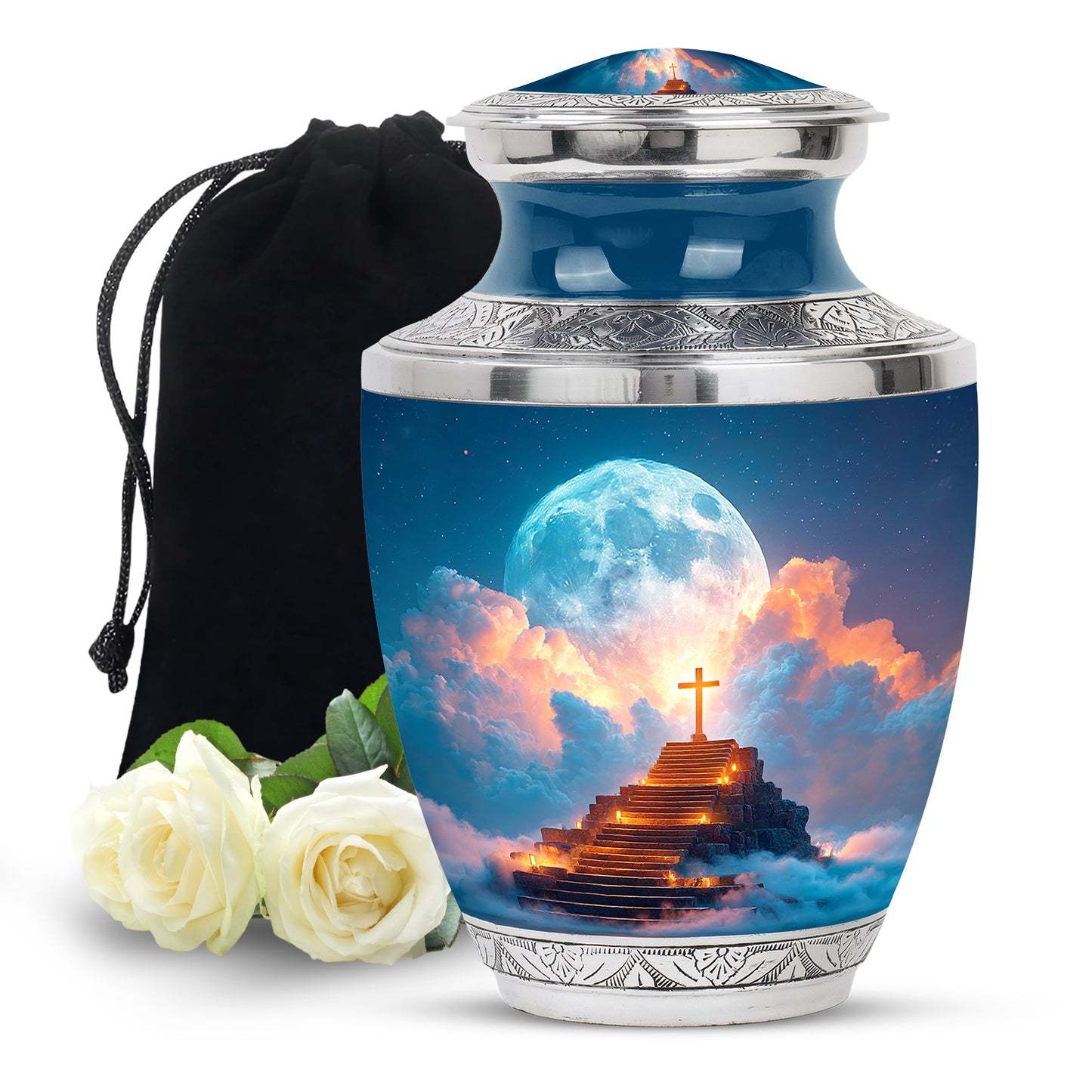 Azure Cross Cremation Urn side profile showing urn shape - contemporary cross design with modern artistic flair - full-size 10 inch 200 cubic inch adult cremation urn