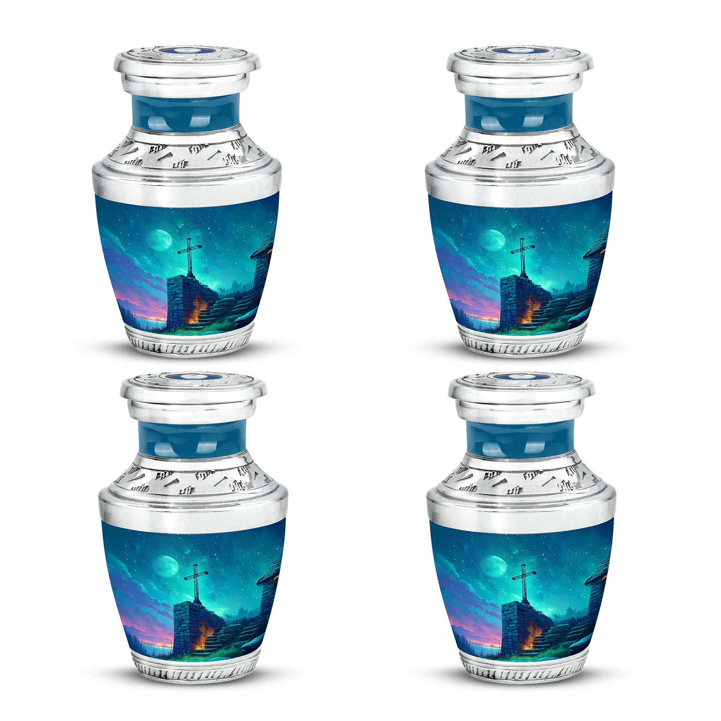 Cornflower Blue Cross Cremation Urn back view with polished surface - artistic cross interpretation with creative detail - 10 inch aluminum urn for cremated remains