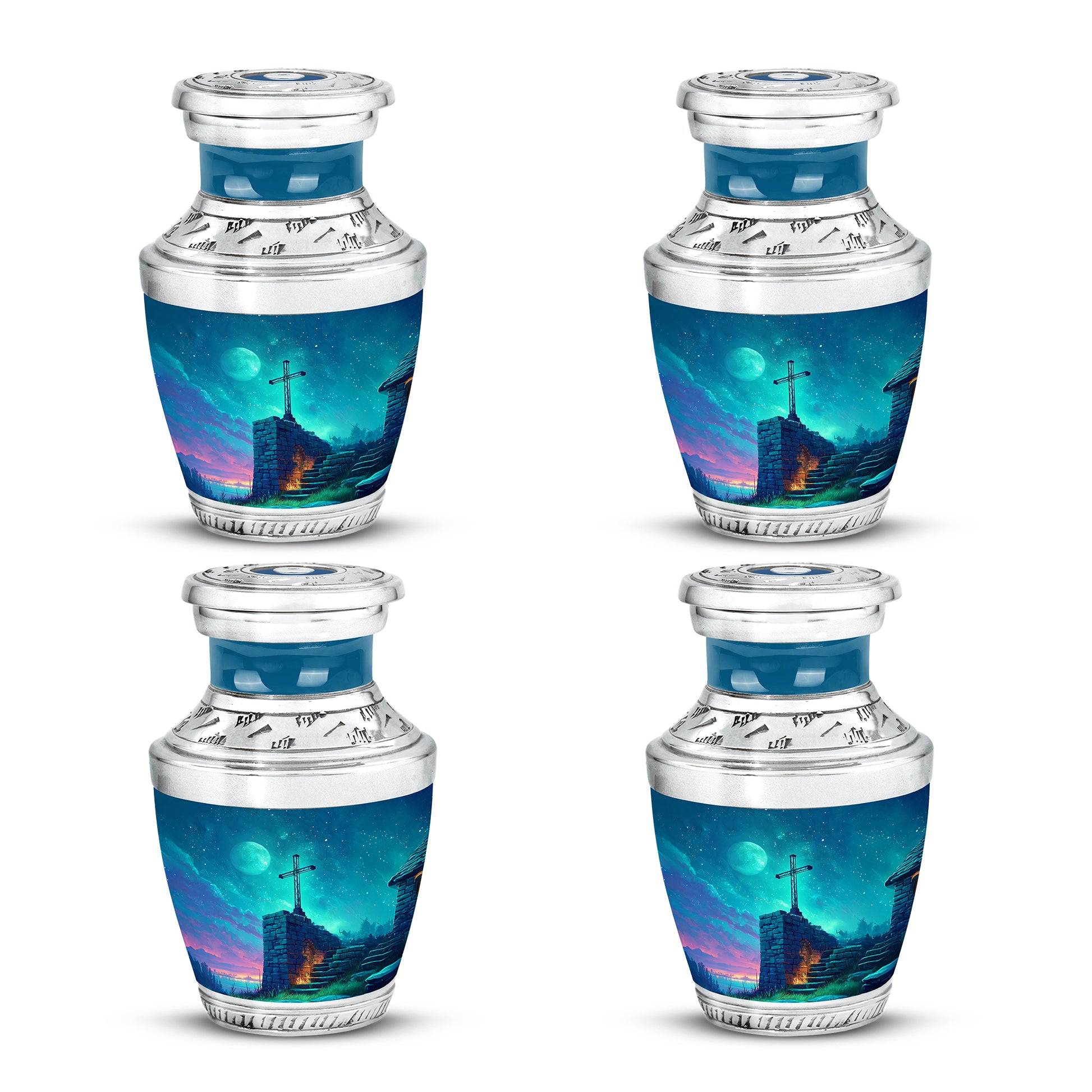 Cornflower Blue Cross Cremation Urn back view with polished surface - artistic cross interpretation with creative detail - 10 inch aluminum urn for cremated remains