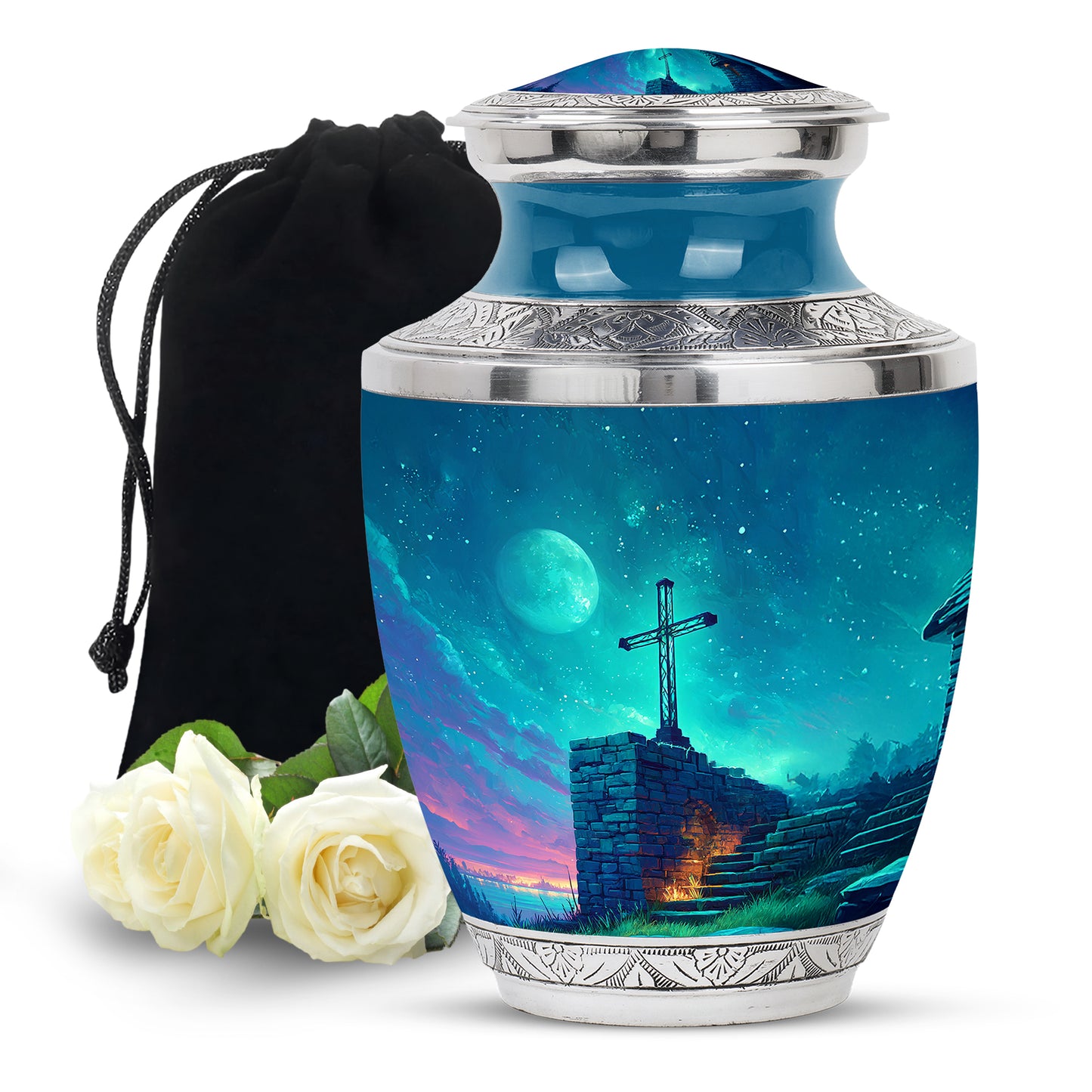 Cornflower Blue Cross Cremation Urn side profile showing urn shape - artistic cross interpretation with creative detail - full-size 10 inch 200 cubic inch adult cremation urn