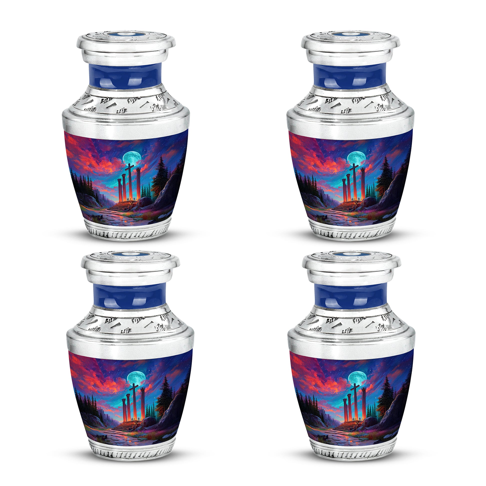 Soft Blue Cross Cremation Urn back view with polished surface - artistic cross interpretation with creative detail - 10 inch aluminum urn for cremated remains