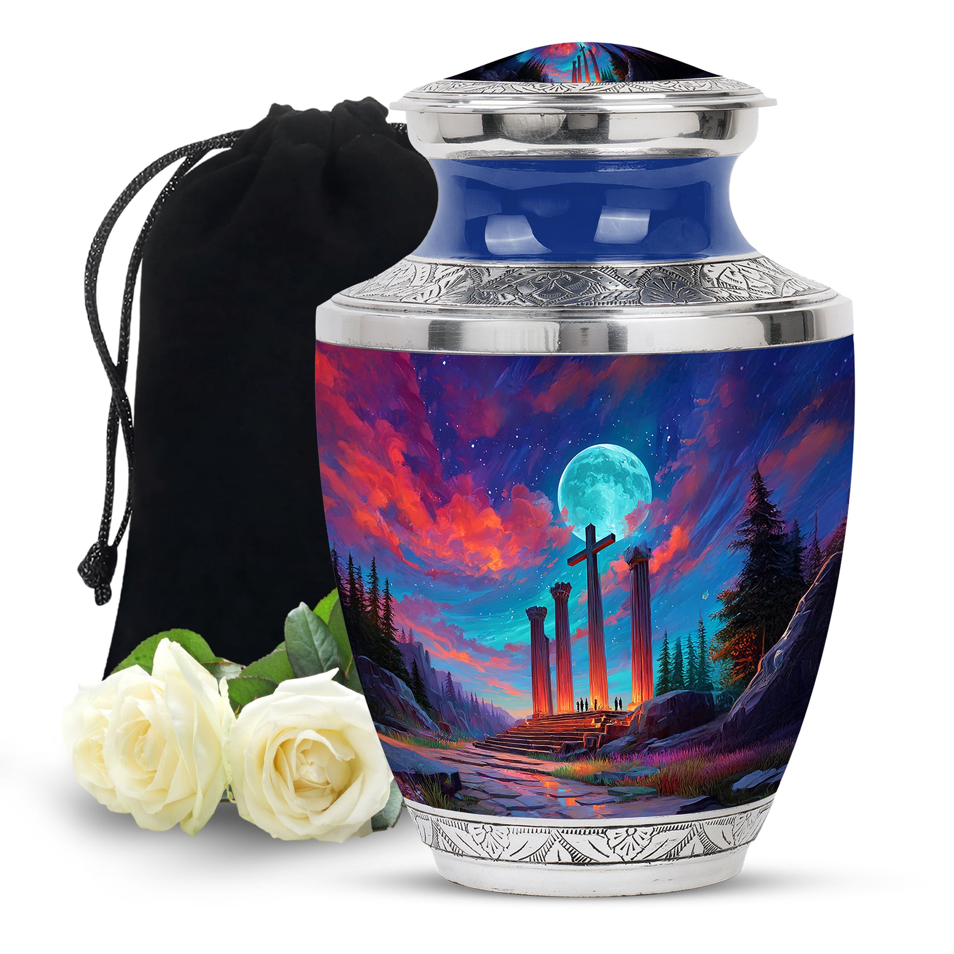 Pastel Blue Cross Cremation Urn side profile showing urn shape - contemporary cross design with modern artistic flair - full-size 10 inch 200 cubic inch adult cremation urn