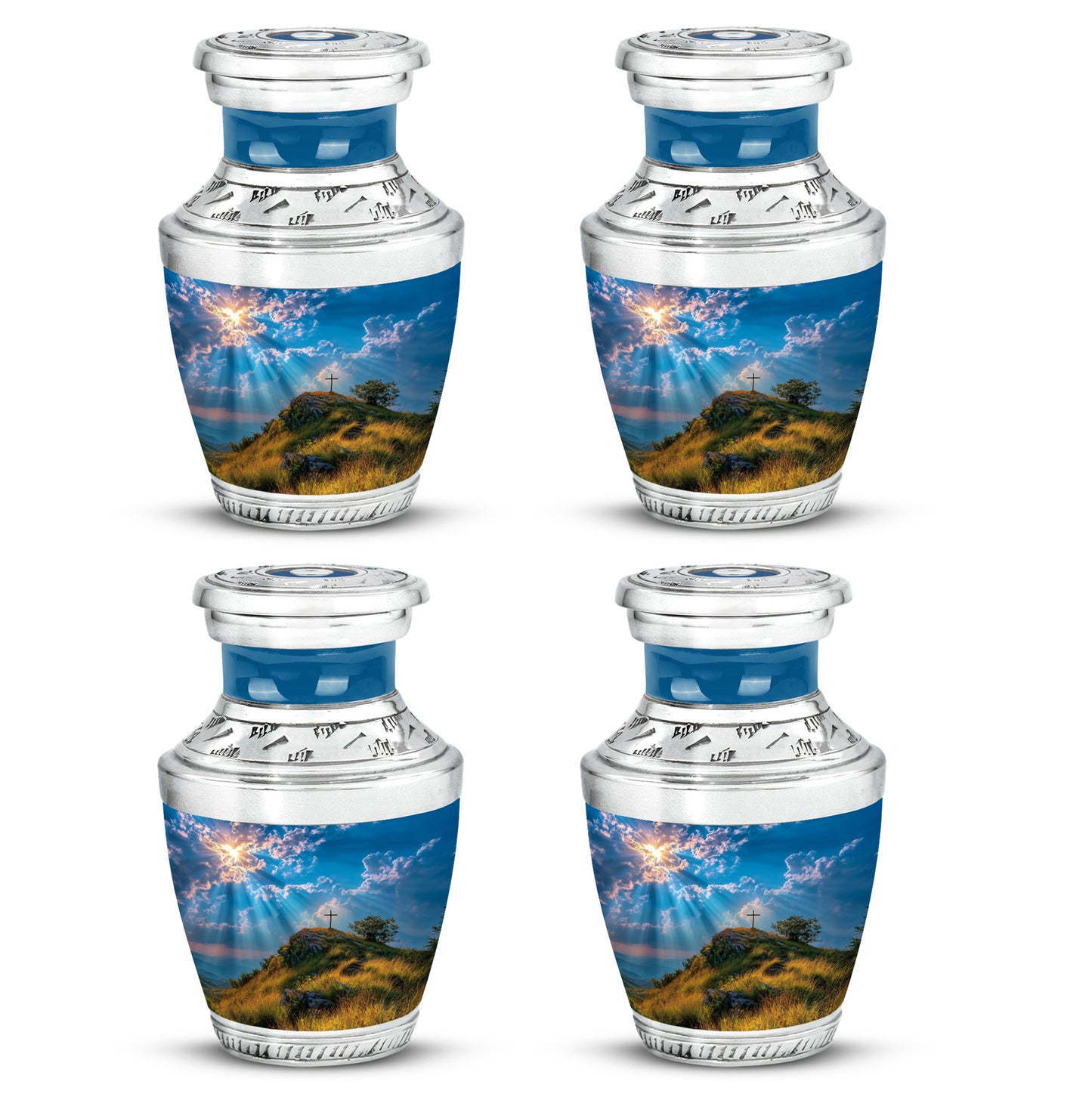 Cornflower Blue Cross Cremation Urn back view with polished surface - stylized abstract cross pattern with bold lines - 10 inch aluminum urn for cremated remains