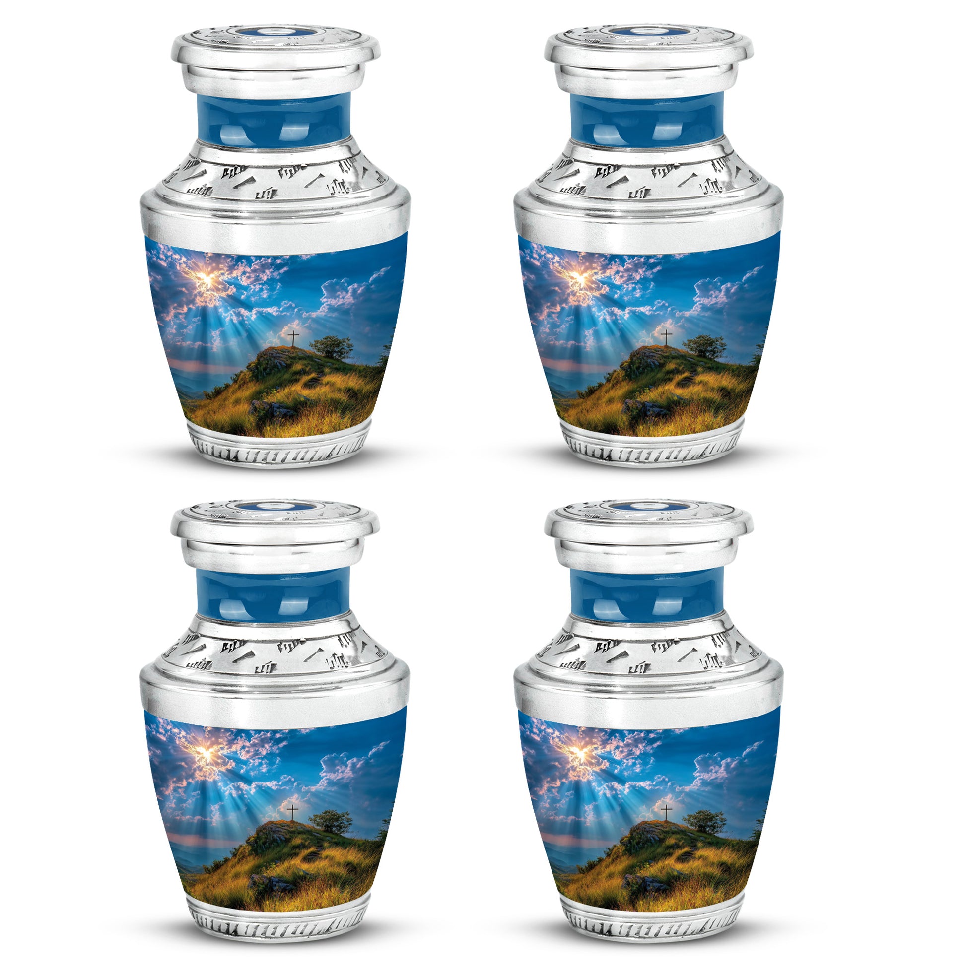 Cornflower Blue Cross Cremation Urn back view with polished surface - stylized abstract cross pattern with bold lines - 10 inch aluminum urn for cremated remains