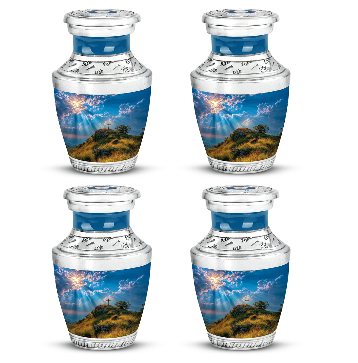 Cornflower Blue Cross Cremation Urn back view with polished surface - stylized abstract cross pattern with bold lines - 10 inch aluminum urn for cremated remains