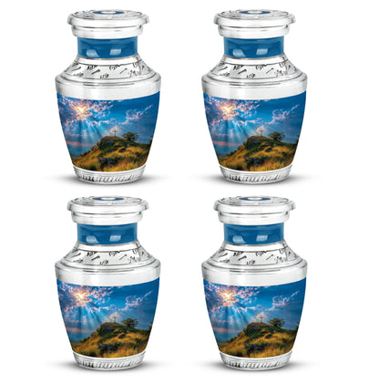 Cornflower Blue Cross Cremation Urn back view with polished surface - stylized abstract cross pattern with bold lines - 10 inch aluminum urn for cremated remains