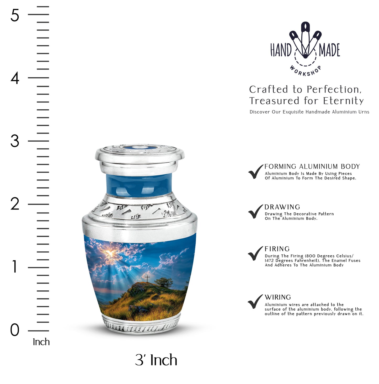 Dusty Blue Cross Cremation Urn top-down view of secure threaded lid - contemporary cross design with modern artistic flair - mini keepsake memorial for portion of cremation ashes