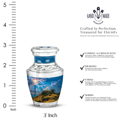 Dusty Blue Cross Cremation Urn top-down view of secure threaded lid - contemporary cross design with modern artistic flair - mini keepsake memorial for portion of cremation ashes