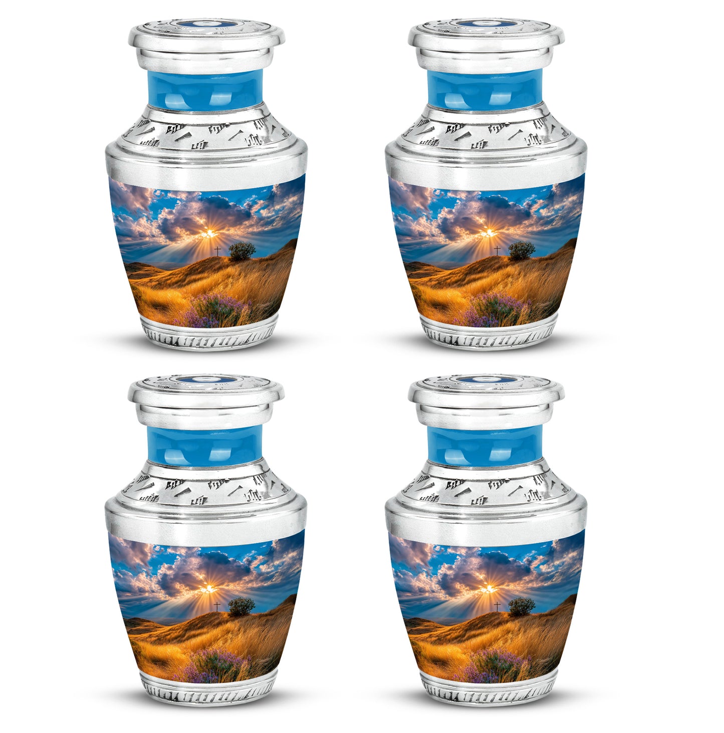 Azure Cross Cremation Urn back view with polished surface - modern art-inspired cross motif on sleek aluminum - 10 inch aluminum urn for cremated remains