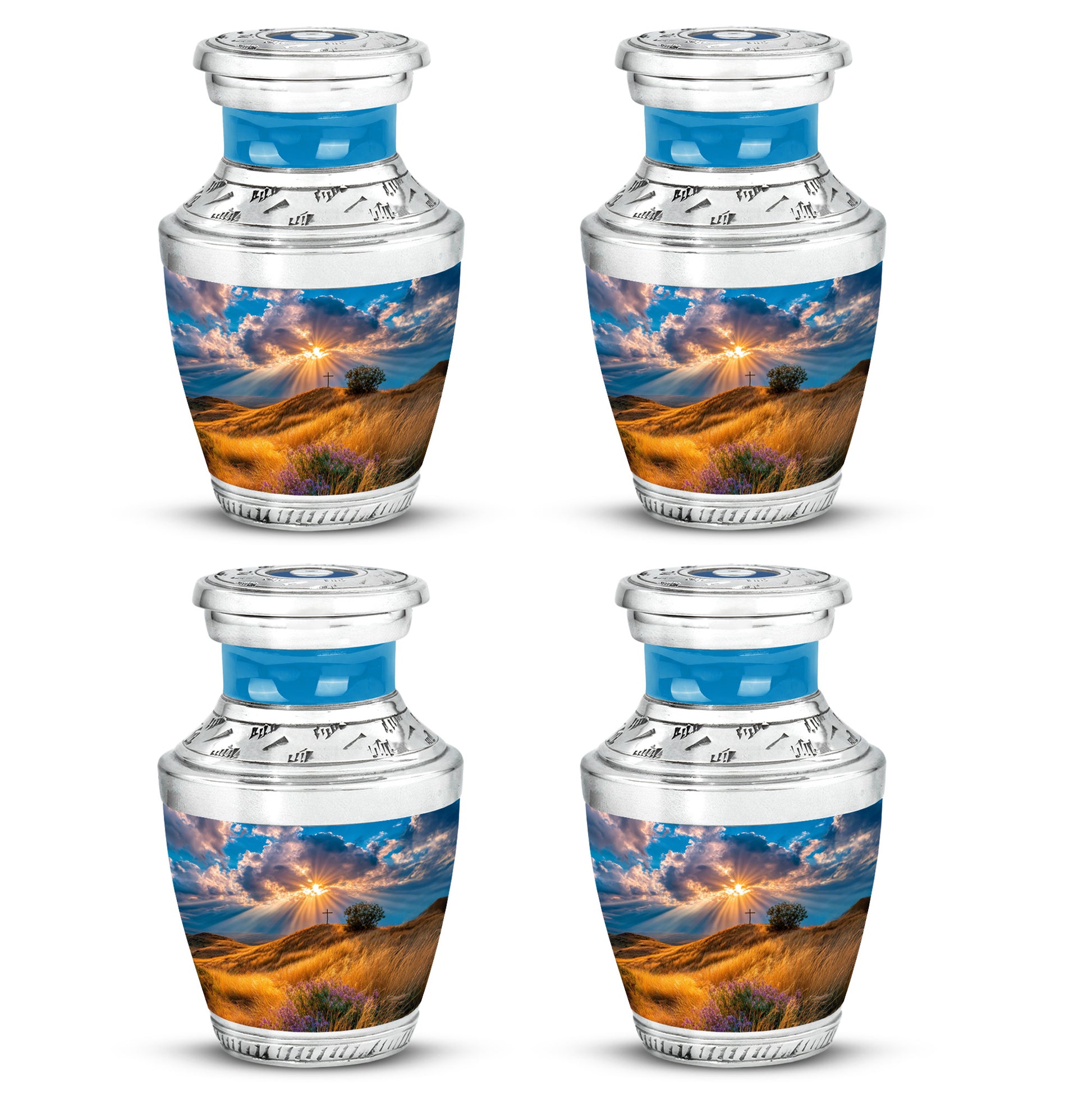 Azure Cross Cremation Urn back view with polished surface - modern art-inspired cross motif on sleek aluminum - 10 inch aluminum urn for cremated remains