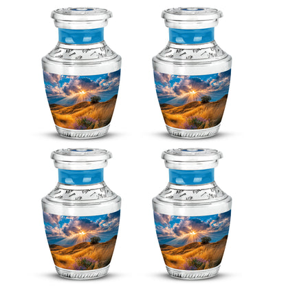 Azure Cross Cremation Urn back view with polished surface - modern art-inspired cross motif on sleek aluminum - 10 inch aluminum urn for cremated remains