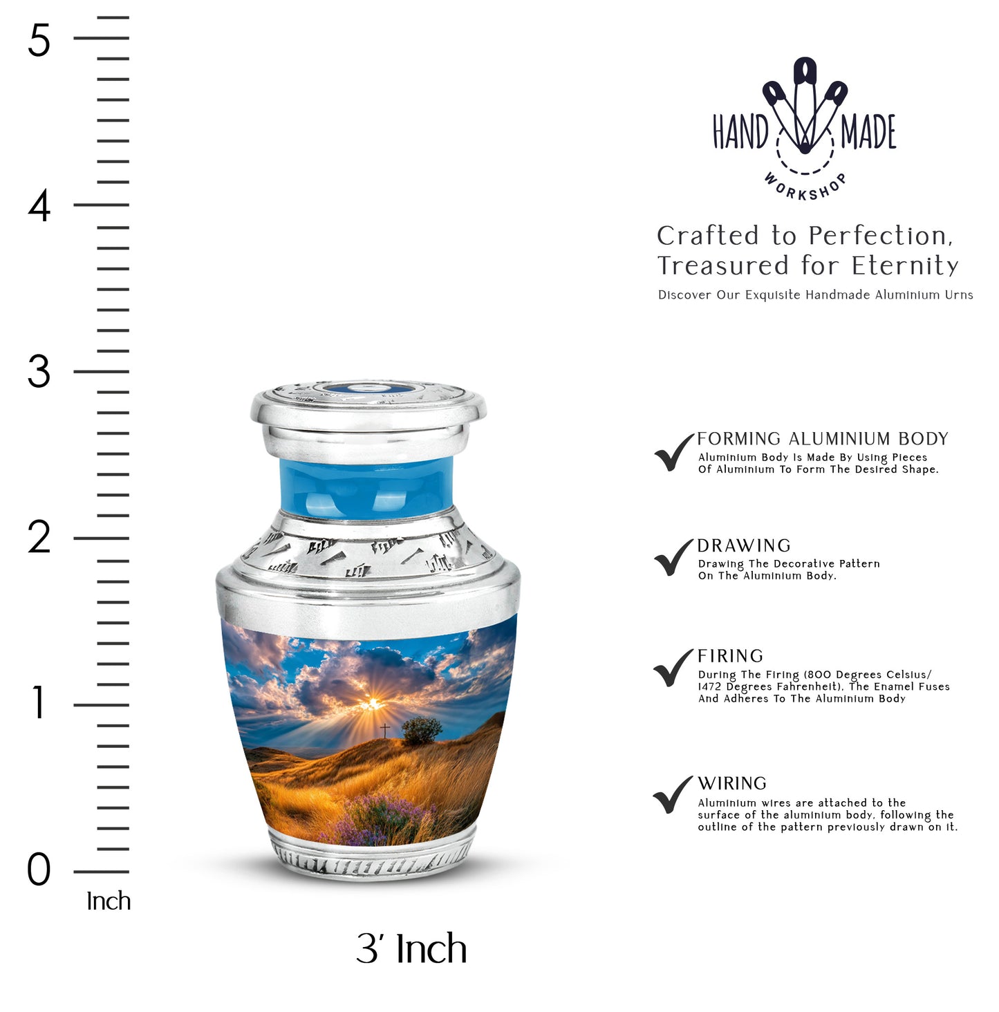 Pastel Blue Cross Cremation Urn top-down view of secure threaded lid - modern art-inspired cross motif on sleek aluminum - mini keepsake memorial for portion of cremation ashes