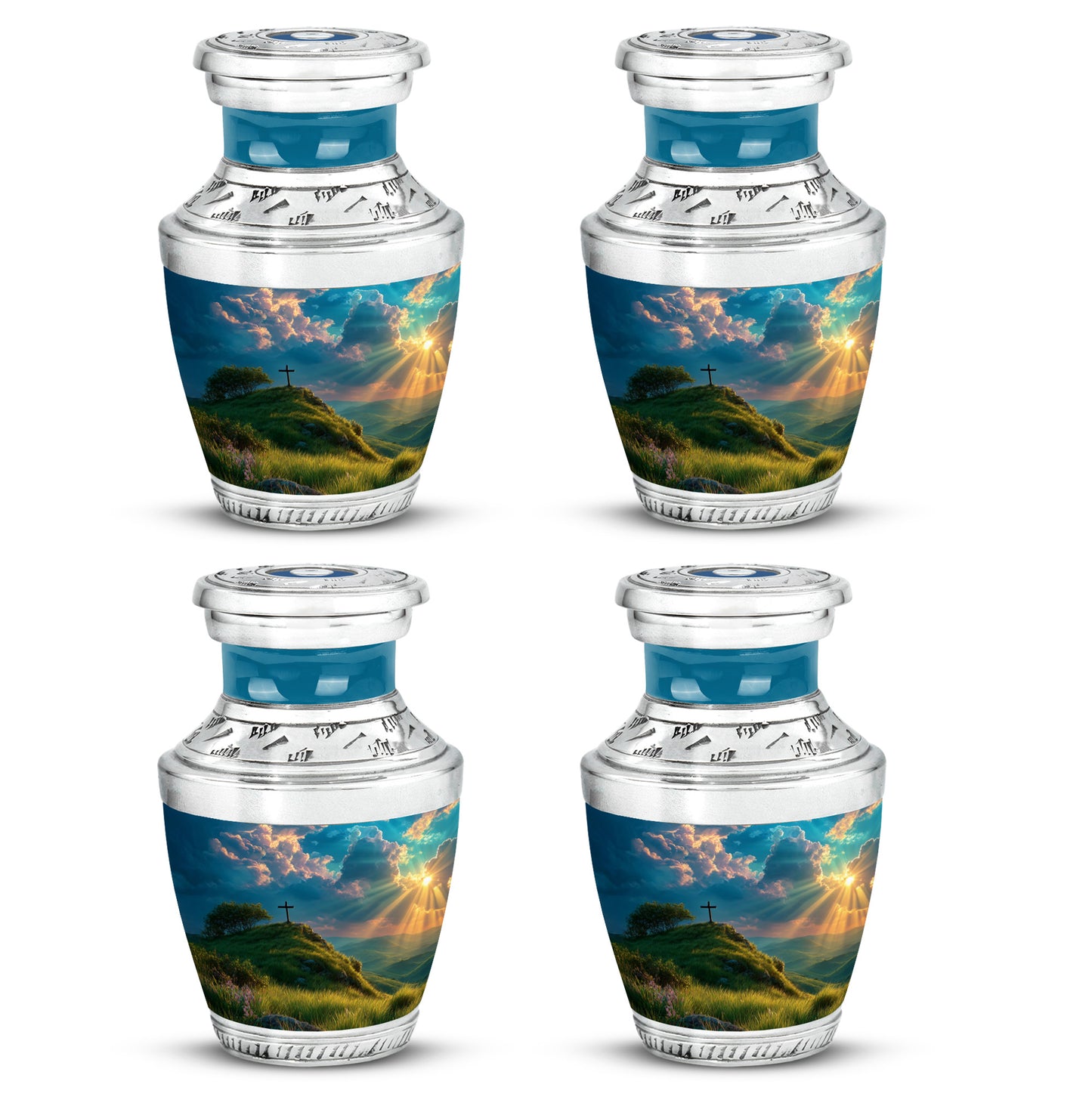 Sea Green Teal Cross Cremation Urn back view with polished surface - contemporary cross design with modern artistic flair - 10 inch aluminum urn for cremated remains