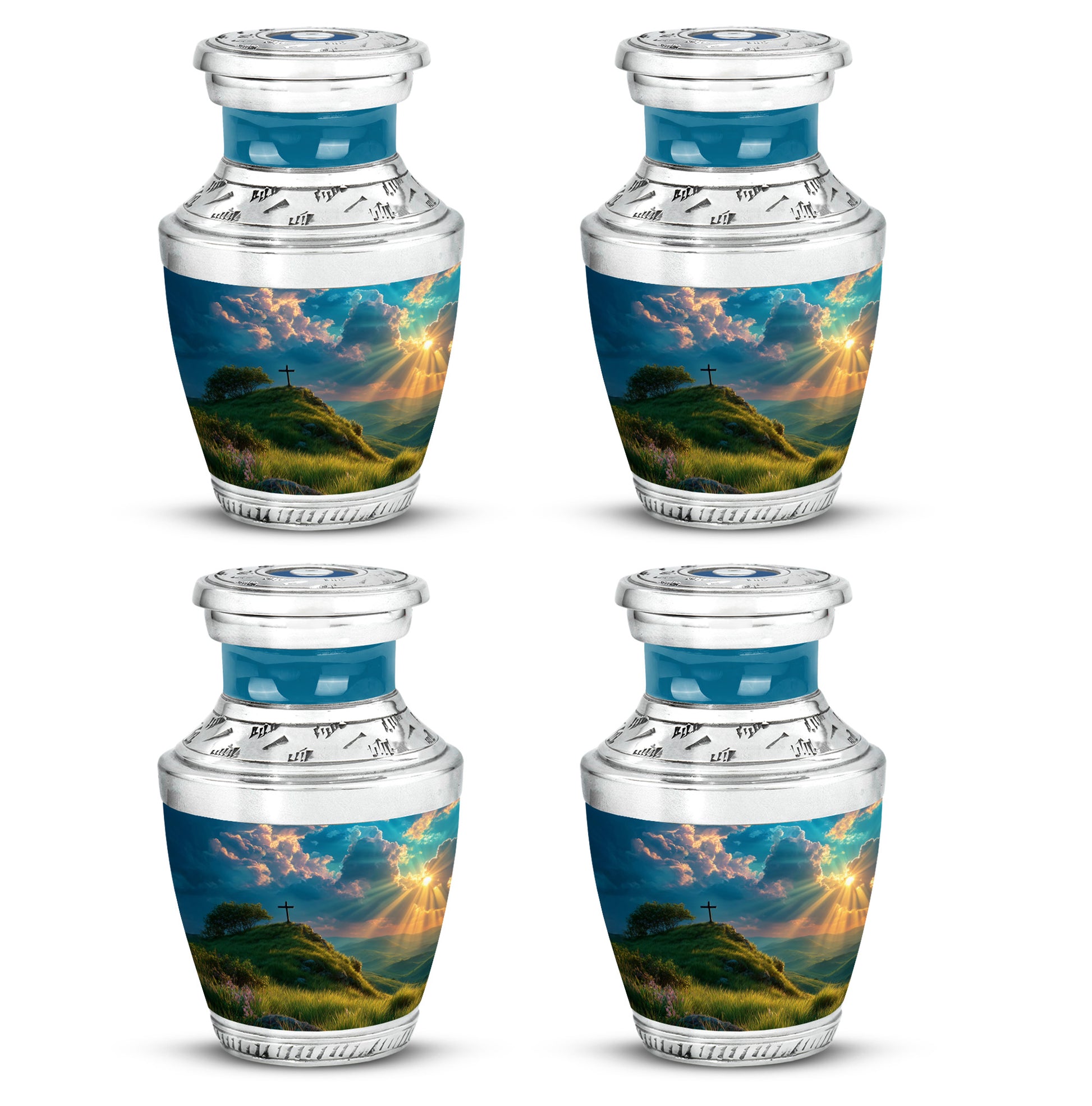 Sea Green Teal Cross Cremation Urn back view with polished surface - contemporary cross design with modern artistic flair - 10 inch aluminum urn for cremated remains