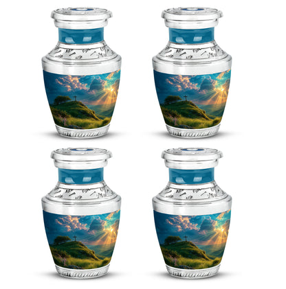 Sea Green Teal Cross Cremation Urn back view with polished surface - contemporary cross design with modern artistic flair - 10 inch aluminum urn for cremated remains