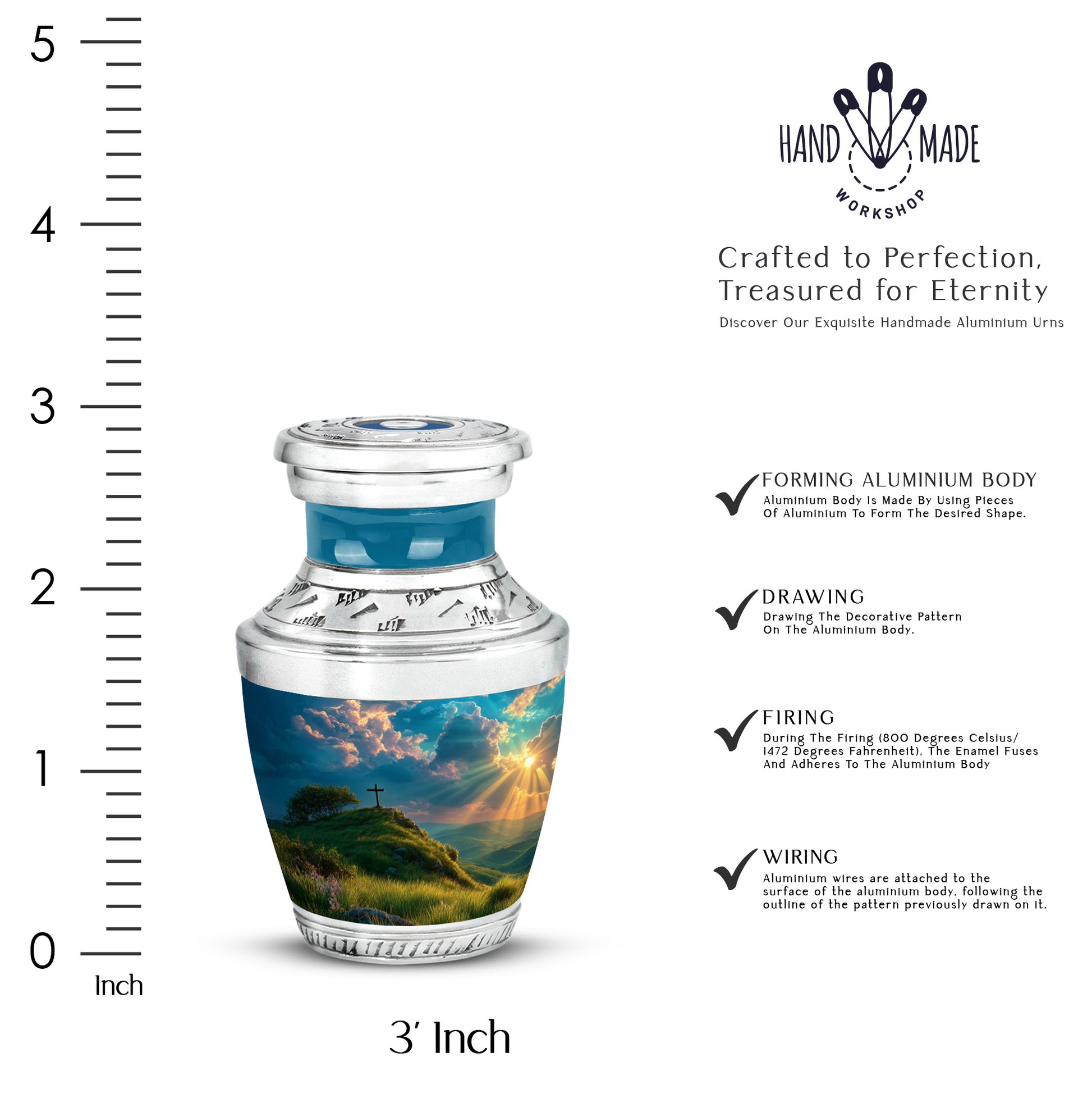 Ocean Teal Cross Cremation Urn top-down view of secure threaded lid - modern art-inspired cross motif on sleek aluminum - mini keepsake memorial for portion of cremation ashes