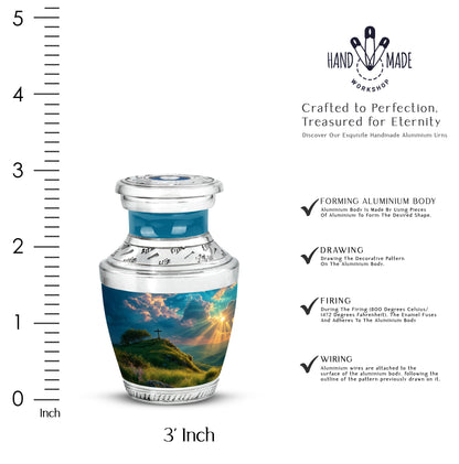 Ocean Teal Cross Cremation Urn top-down view of secure threaded lid - modern art-inspired cross motif on sleek aluminum - mini keepsake memorial for portion of cremation ashes