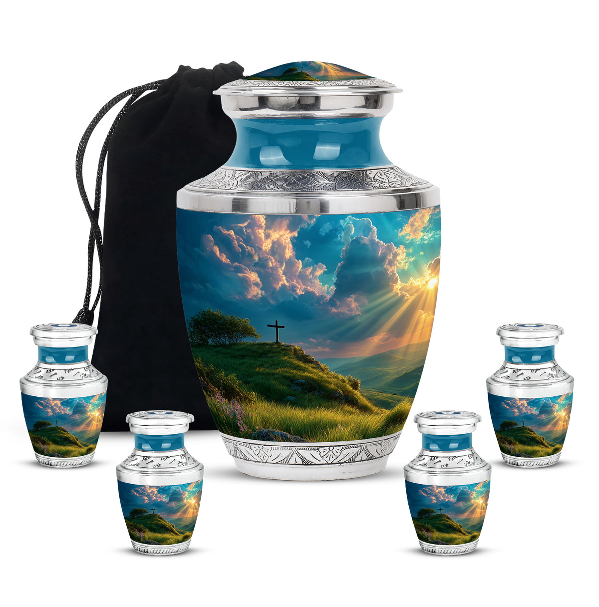 Soft Teal Cross Cremation Urn lifestyle display on memorial shelf - contemporary cross design with modern artistic flair - memorial set with one large and four small urns