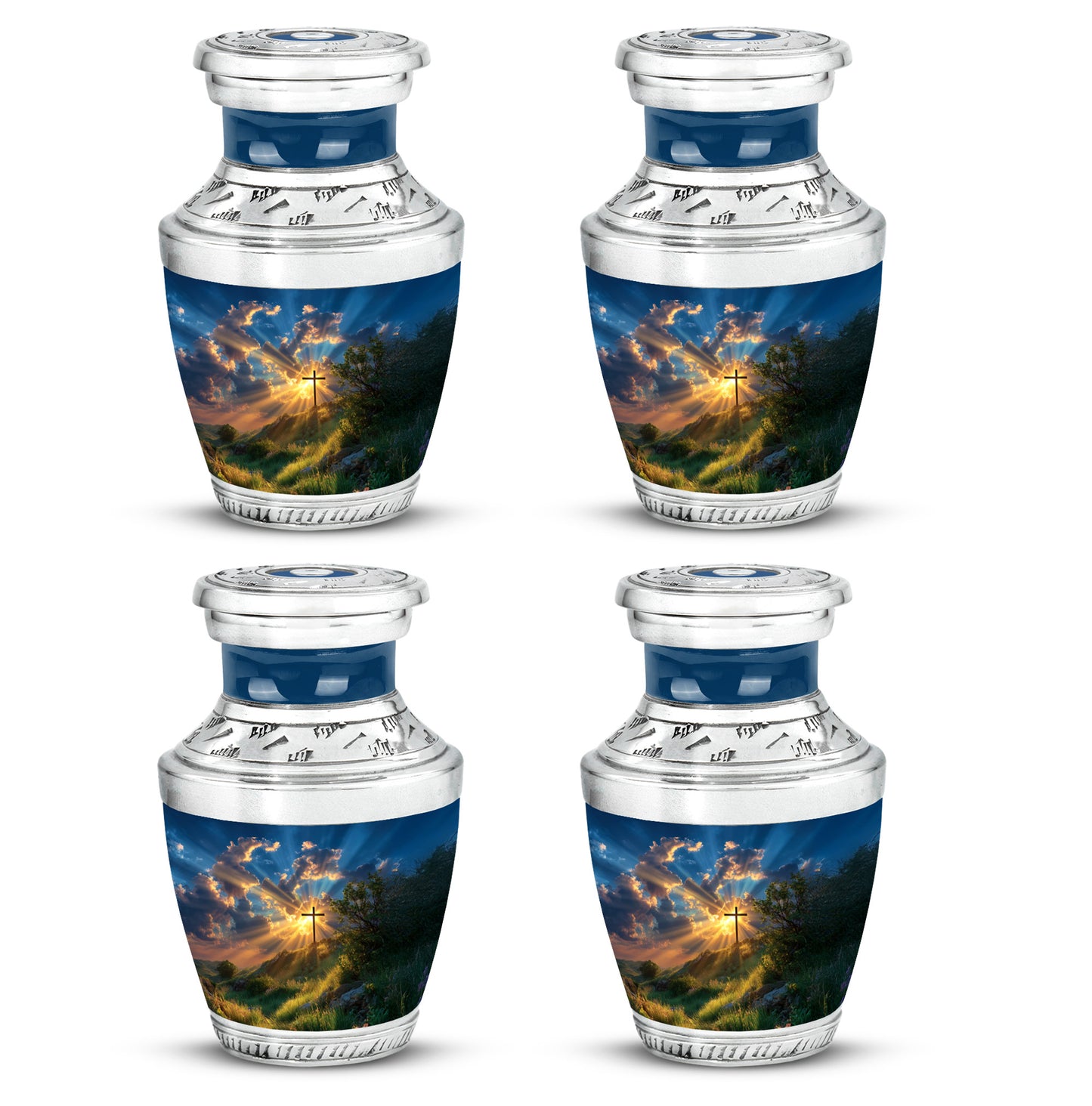 Cornflower Blue Cross Cremation Urn back view with polished surface - artistic cross interpretation with creative detail - 10 inch aluminum urn for cremated remains