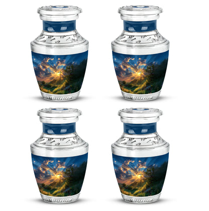 Cornflower Blue Cross Cremation Urn back view with polished surface - artistic cross interpretation with creative detail - 10 inch aluminum urn for cremated remains