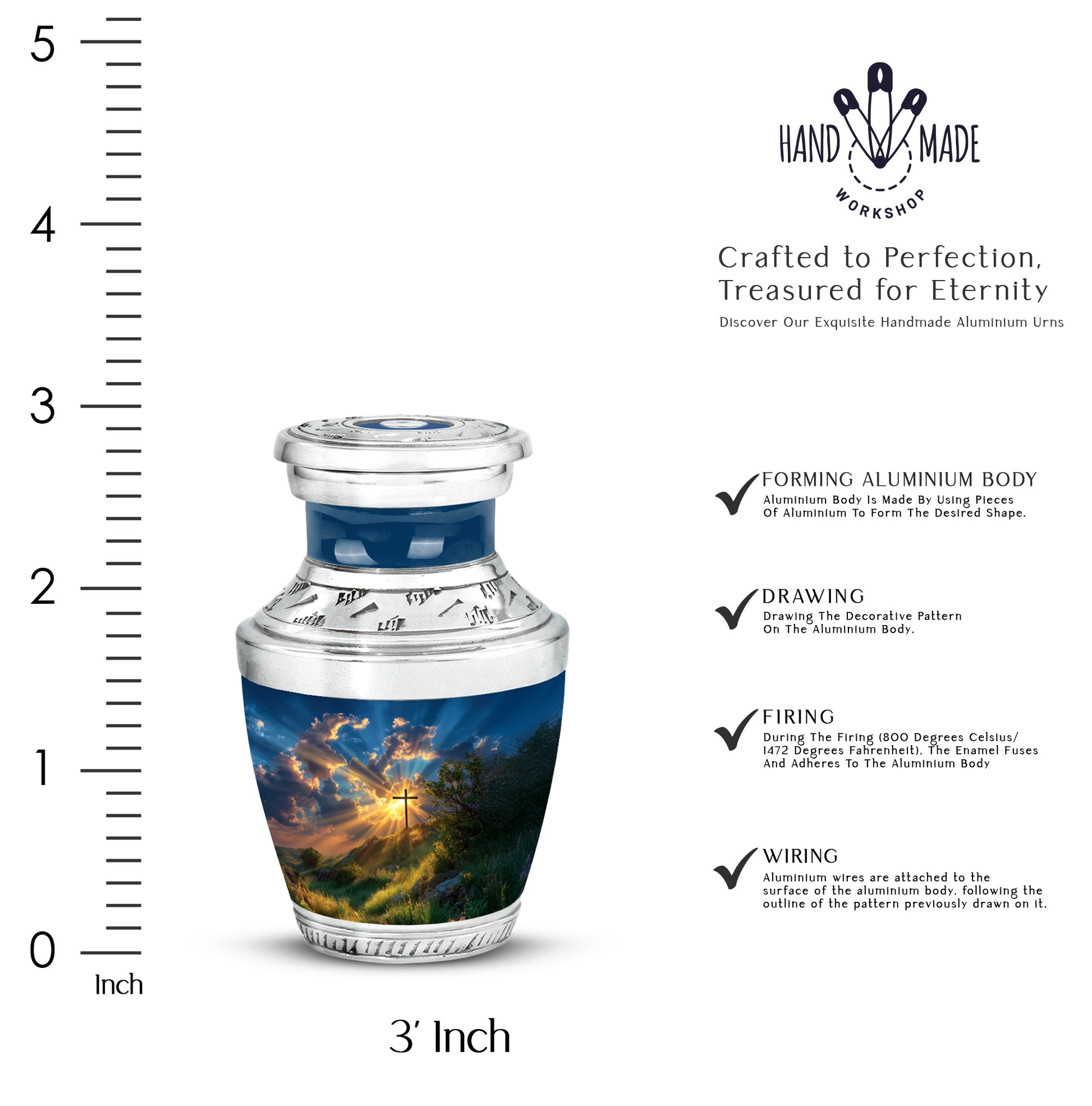 Cobalt Blue Cross Cremation Urn top-down view of secure threaded lid - stylized abstract cross pattern with bold lines - mini keepsake memorial for portion of cremation ashes