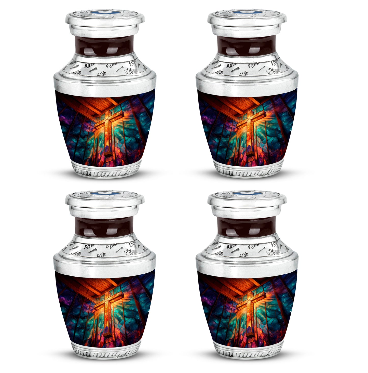 Deep Red Cross Cremation Urn back view with polished surface - contemporary cross design with modern artistic flair - 10 inch aluminum urn for cremated remains