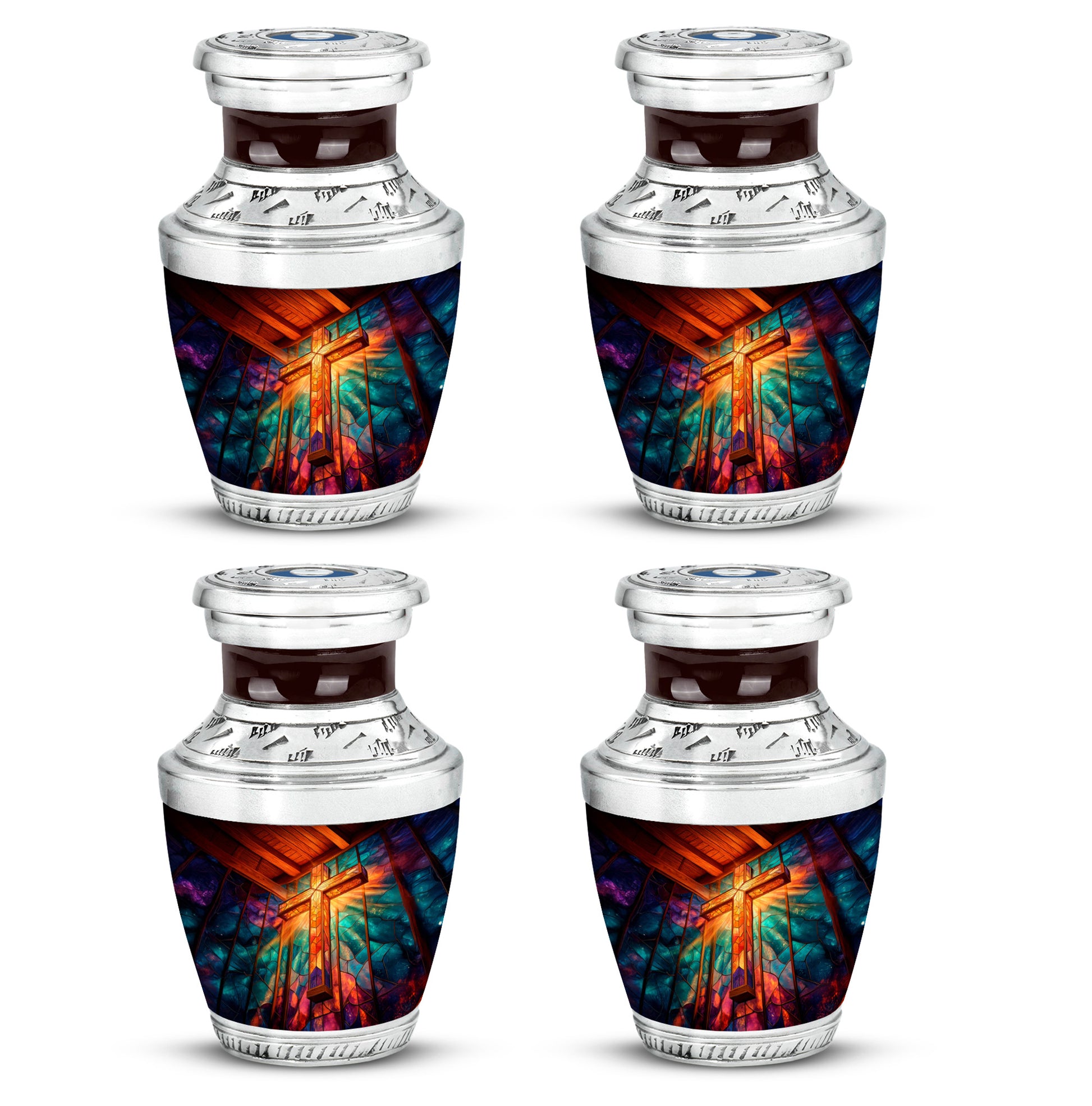 Deep Red Cross Cremation Urn back view with polished surface - contemporary cross design with modern artistic flair - 10 inch aluminum urn for cremated remains