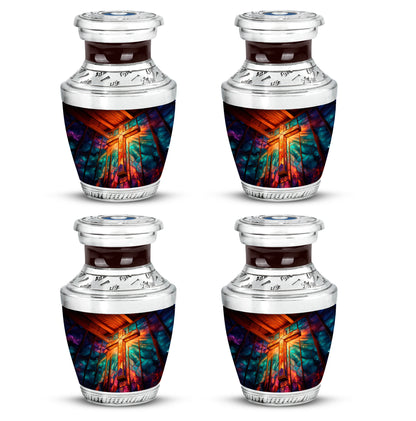 Deep Red Cross Cremation Urn back view with polished surface - contemporary cross design with modern artistic flair - 10 inch aluminum urn for cremated remains