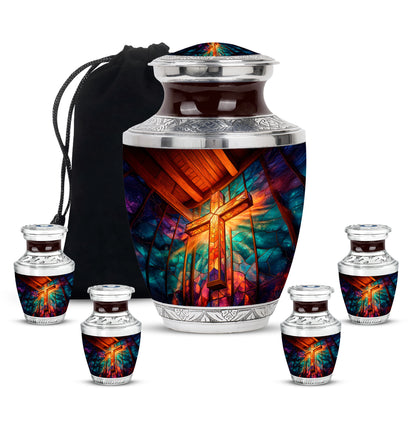 Cherry Red Cross Cremation Urn lifestyle display on memorial shelf - stylized abstract cross pattern with bold lines - memorial set with one large and four small urns